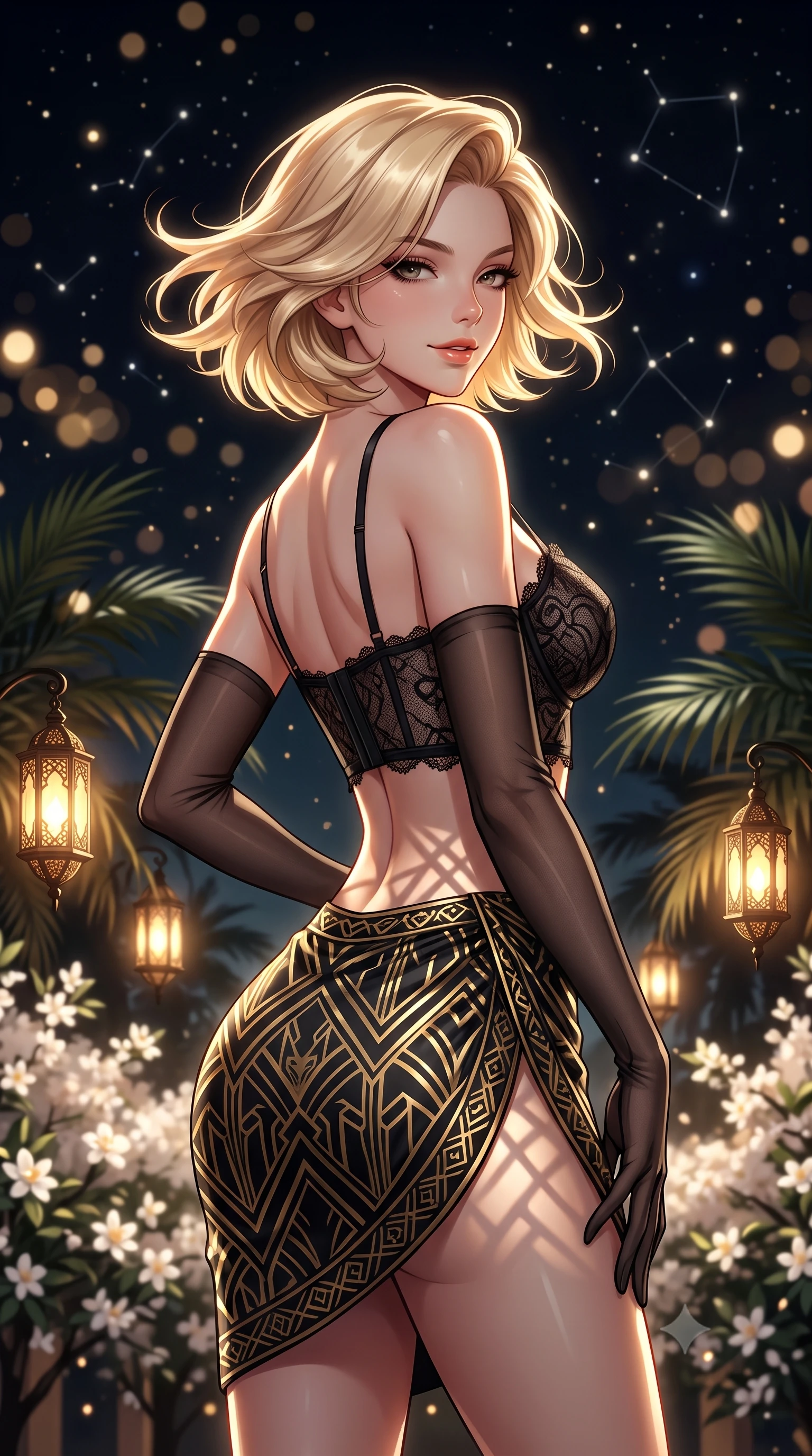 score_9, masterpiece, best quality, ultra-detailed, high-budget anime keyframe, semi-realistic 3D game render, editorial fashion photography, tasteful artistic composition, Caucasian woman. close-up cowboy shot from the waist and thighs up, the character dominates the composition, filling the frame with her large presence. turning slowly with an enchanting smoldering smile, her glossy hair tossing in the breeze as her hips angle gracefully in a captivating contrapposto while twisting her slender torso in an alluring contrapposto stance, intricate geometric shadow patterns cast by moonlight tracing her flat midriff and curvy hips. The background shows a soft-focus blooming white orange blossom trees in courtyard below, flickering lantern glows among palm fronds, and starry sky blurred into honey, ivory, and obsidian bokeh. She has an exceptionally elegant, slender, and willowy female figure with an ultra-slim waist, flat toned midriff, narrow ribcage, and sculpted feminine hips creating an alluring, slim hourglass silhouette without bulk. sharp v-shaped jawline, high-bridge nose, sparkling eyes with hypnotic seductive depth, thick curled eyelashes, glossy parted lips with a natural dewy peach sheen, alluring bedroom-eyes with an enchanting coquettish smile, exuding magnetic siren charisma and sophisticated glamour, flawlessly proportioned anatomical accuracy, strict slender model proportions, natural body alignment, perfectly sculpted long slender limbs, ultra-slim waistline, clean dynamic posture without body distortion. wearing a sculpted underwire demi-bustier in semi-sheer lace paired with an ultra-short draped tulip skirt in Shanghai Art Deco black and polished brass gold, made of delicate semi-sheer French Chantilly lace with intricate eyelash edges, complemented by sheer opera-length evening gloves tracing her slender arms, the high-slit wrap tailoring accentuating her ultra-slim waistline and the enchanting curve of her feminine hips with alluring seductive charm. illuminated by warm interior lantern bounce and sharp silver-gold rim lights defining her razor-sharp jawline, narrow waist, and curvy hips. highly saturated vibrant anime colors, detailed shading with soft gradients, rich glossy textures, high-contrast stereoscopic depth, volumetric dynamic lighting, master piece, 9:16 ratio