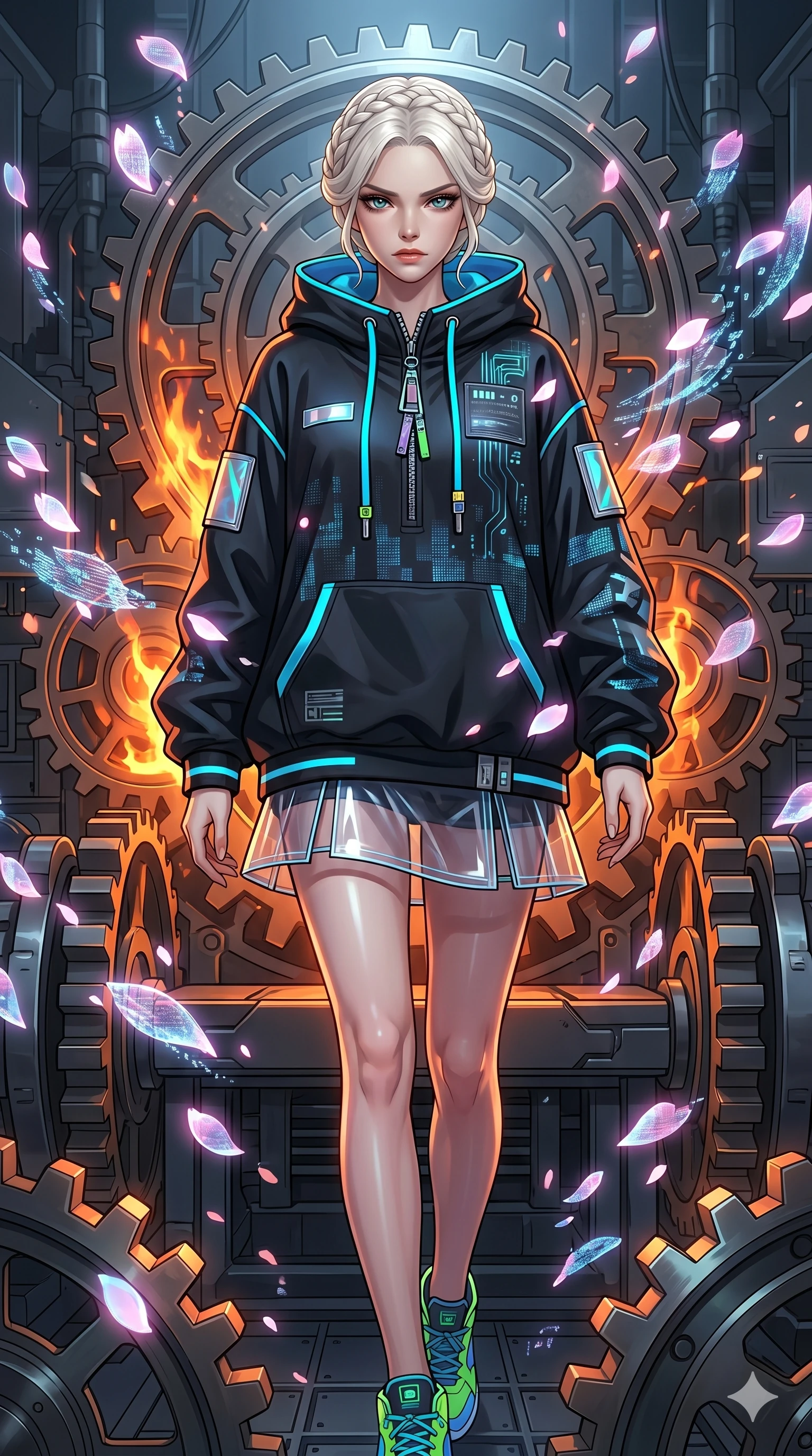 score_9, masterpiece, best quality, ultra-detailed, Set A: High-budget Anime Keyframe, Korean woman. Upper body close-up from the thighs up, character filling the screen for maximum presence. Walking gracefully through a throne of gears, with a look of intense determination reflecting the fires of 97 and surrounded by digital sakura petals. She has an absolutely perfect 8-heads proportion, an exceptionally tall and slender female figure with impossibly long slender legs and an ultra-slim waist. Sharp v-shaped jawline, high-bridge nose, intricate jewel-like eyes with depth, thick eyelashes, glossy lips with a natural sheen. Wearing Streetwear tech-hoodie with a transparent PVC skirt and neon sneakers. Cinematic lighting, vibrant colors, dramatic shadows, 2k, ultra detail, master piece, 9:16 ratio