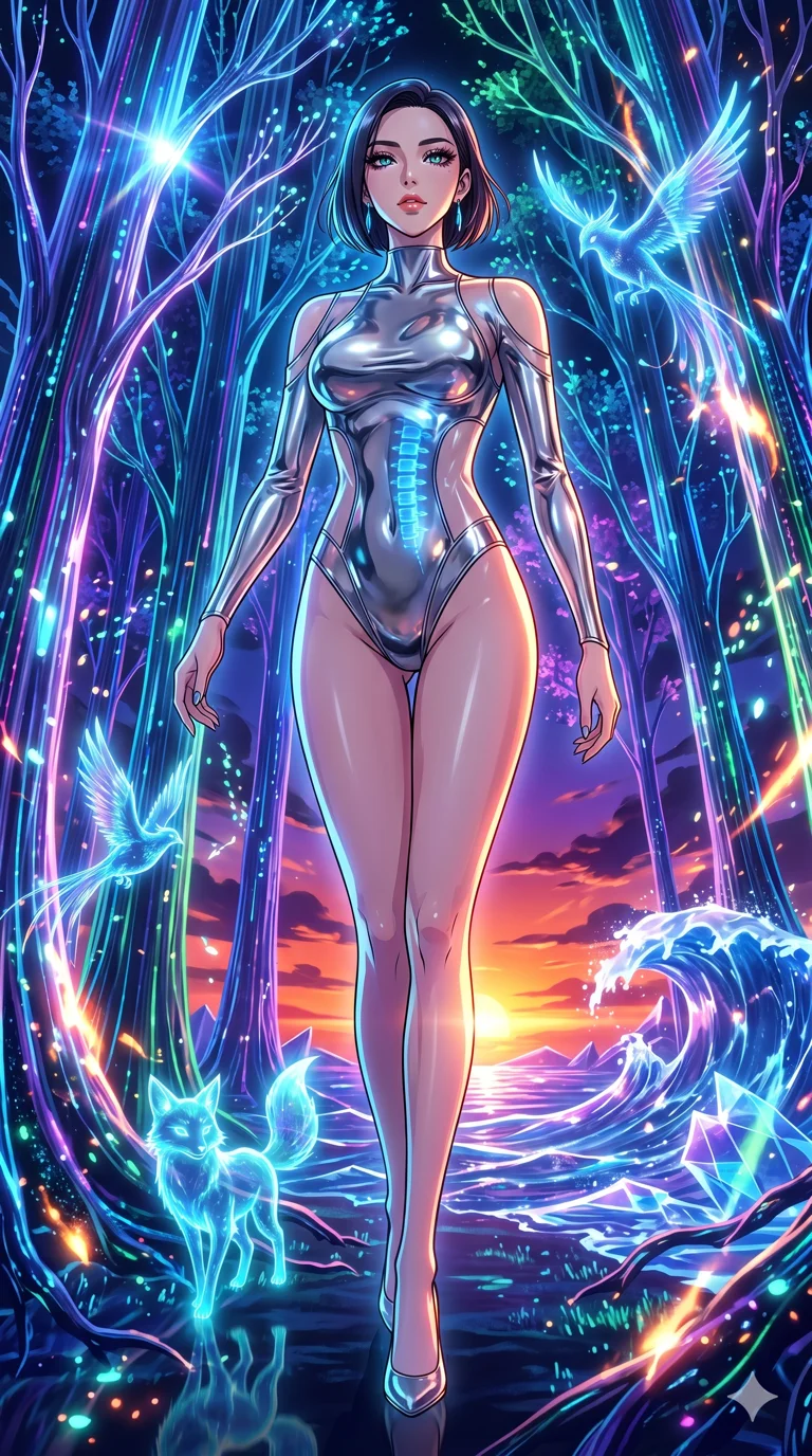 score_9, masterpiece, best quality, ultra-detailed, High-budget Anime Keyframe, vibrant colors, fluid line-art, expressive lighting, cinematic composition, Ufotable-style visual effects, top-tier animation quality, Korean woman with idol-like refined features. Wide-angle low shot emphasizing her impossibly long slender legs and commanding stature. Walking through a futuristic digital forest where the trees are made of fiber-optics and glowing data streams, interacting with bioluminescent wildlife. She has an absolutely perfect 8-heads proportion, an exceptionally tall and slender female figure with impossibly long slender legs and an ultra-slim waist, her statuesque height and towering silhouette dominating the vertical 9:16 frame. Her face is a masterpiece featuring a sharp v-shaped jawline, high-bridge nose, intricate jewel-like eyes with depth, thick eyelashes, and glossy lips with a natural sheen. She is wearing a High-cut leotard with metallic plating and translucent PVC panels on the sides crafted from Molten liquid mercury that flows and reflects the environment with metallic perfection, boasting shoulder cut-outs and a glowing spinal interface visible through the back. The scene is set in a vibrant sunset over a futuristic crystalline ocean with waves made of liquid light, illuminated by intense energy flares from her powers illuminating the scene with brilliant light. 2k, ultra detail, master piece, 9:16 ratio
