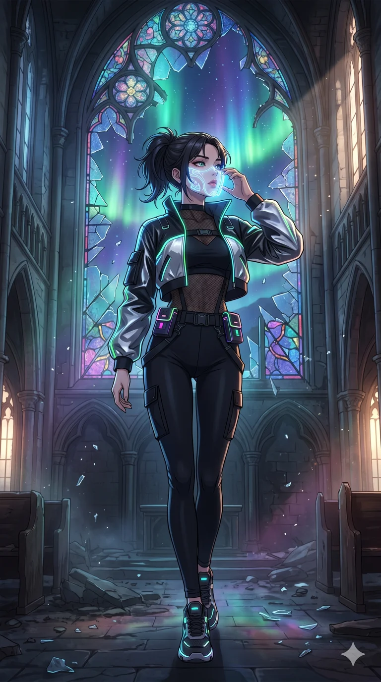 score_9, masterpiece, best quality, ultra-detailed, high-budget anime movie keyframe, cinematic anime lighting, intricate line art, Korean anime girl. Dynamic full-body shot stretching the vertical silhouette across the 9:16 frame. adjusting a glowing mask in a shattered stained glass cathedral amidst aurora borealis. She has an absolutely perfect 8-heads proportion, an exceptionally tall and slender female figure with an ultra-slim waist and impossibly long slender legs. sharp v-shaped jawline, high-bridge nose, intricate jewel-like eyes, thick eyelashes, glossy lips. Wearing modern urban tech-wear ensemble with a cropped reflective bomber jacket, ultra-slim high-waisted cargo leggings, and tactical harness with neon-lit pouches. The scene is illuminated by dramatic atmospheric lighting and vibrant color palettes. 2k, ultra detail, master piece, 9:16 ratio