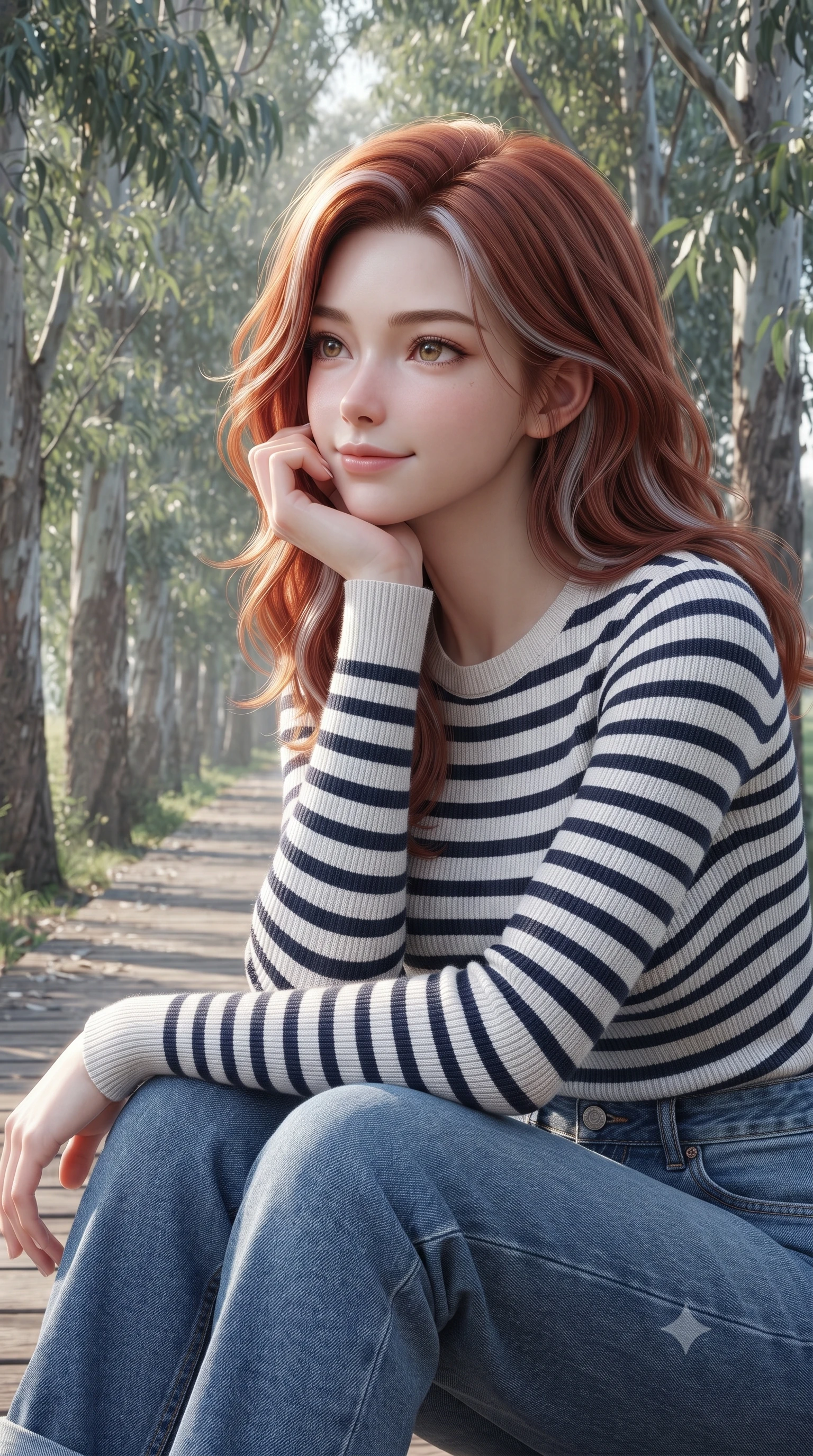 score_9, masterpiece, best quality, ultra-detailed, high-budget anime keyframe, editorial fashion photography, tasteful artistic composition, Caucasian woman woman. close-up cowboy shot from the waist and thighs up, the character dominates the composition, filling the frame with her large presence, background elements kept in soft focus. resting her chin on her hand, looking out at the beautiful scenery with a soft smile the background shows a soft-focus a wooden path lined with tall eucalyptus trees, their silver leaves rustling in the breeze. She has an exceptionally elegant, slender, and willowy female figure with an ultra-slim waist, a gracefully sculpted slender torso, and a refined silhouette. sharp v-shaped jawline, high-bridge nose, intricate jewel-like eyes with depth, thick eyelashes, glossy lips with a natural sheen. wearing a form-contouring comfortable striped knit sweater in navy and white, paired with blue denim boyfriend jeans. soft afternoon sunbeams coloring the path in cool silver and green. ultra-reflective glossy finish, specular highlights, metallic sheen, high-contrast stereoscopic depth, volumetric dynamic lighting, 2k, ultra detail, master piece, 9:16 ratio