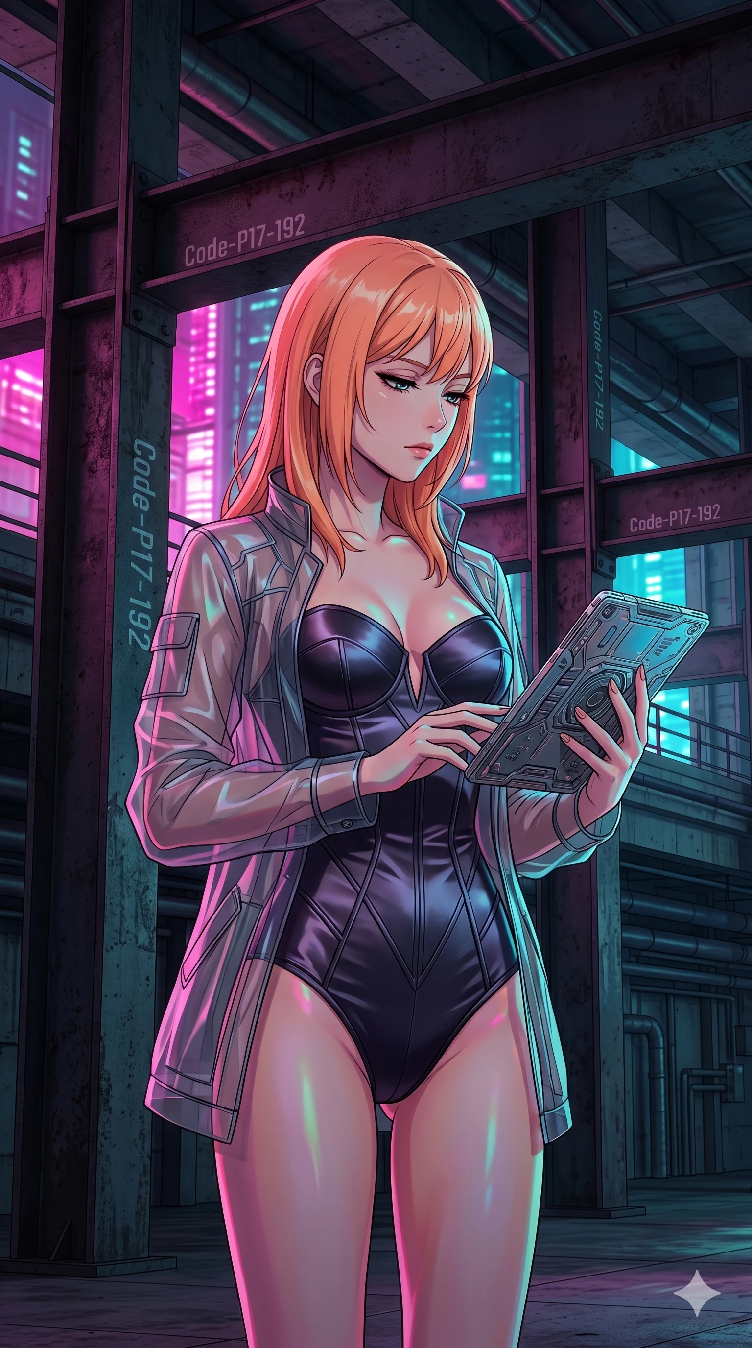 score_9, masterpiece, best quality, ultra-detailed, high-budget anime keyframe, editorial fashion photography, tasteful artistic composition, Japanese woman. cowboy shot from the thighs up, character and outfit filling the frame for maximum editorial presence. holding a floating electronic tablet, looking down with a composed expression inside an industrial warehouse with steel beams (Code-P17-192). She has an absolutely perfect 8-heads proportion, an exceptionally tall and slender female figure with impossibly long slender legs and an ultra-slim waist. V-shaped jawline, high-bridge nose, intricate jewel-like eyes with depth, thick eyelashes, glossy lips with a natural sheen. wearing a structured satin corset showing her cleavage and a sheer jacket. vibrant magenta and cyan city lights casting colorful specular highlights on her skin. 2k, ultra detail, master piece, 9:16 ratio