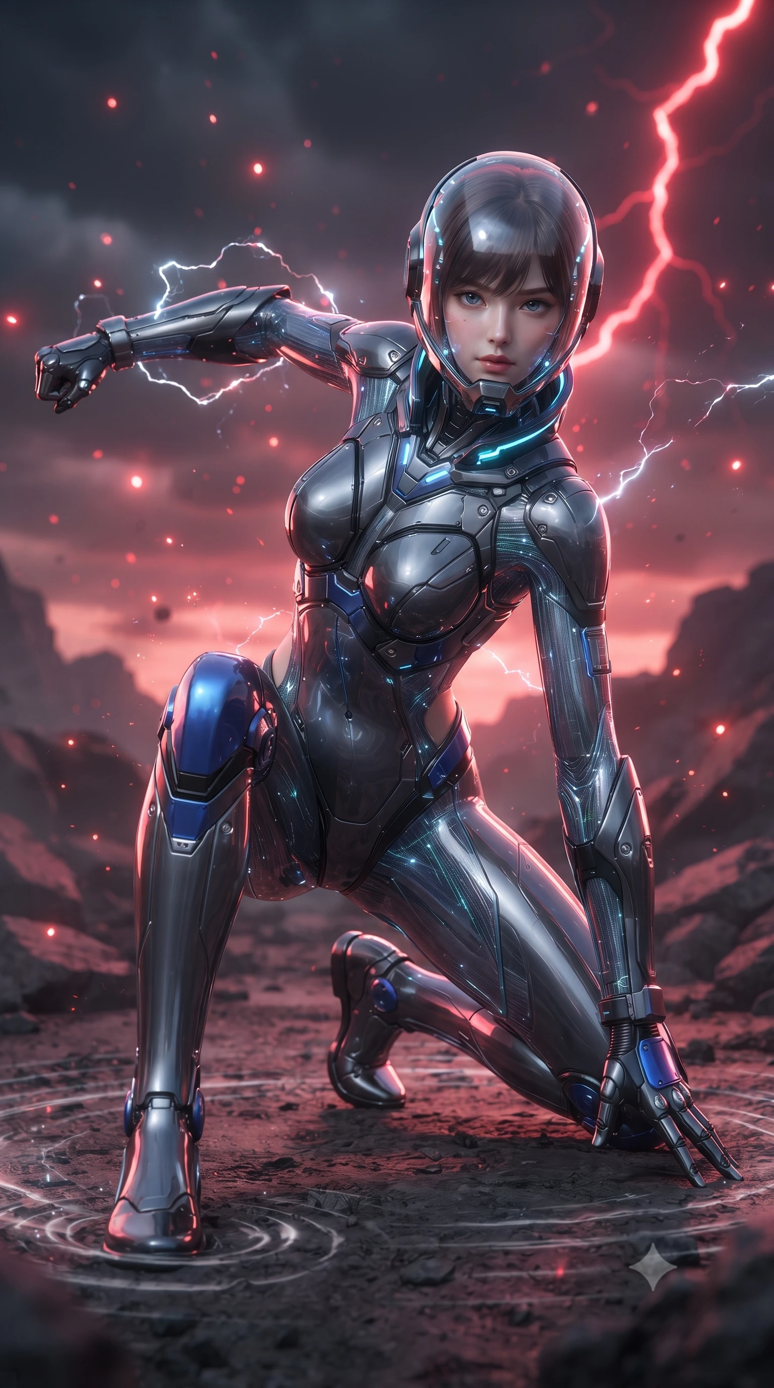 score_9, masterpiece, best quality, ultra-detailed, high-budget anime keyframe, editorial fashion photography, tasteful artistic composition, Korean woman. low angle full-body shot from head to toe showing her feet, filling the entire 9:16 vertical frame with her statuesque presence, stretching her vertical silhouette. landing gracefully from a high-altitude leap on one knee and palm, her statuesque silhouette framed by radial shockwave ripples in the ground while arching her spine in a fluid motion as she parries an unseen shockwave with her reinforced kinetic forearm bracers. The composition keeps background elements in soft focus with creamy bokeh. sparkling static electricity arcs scattering glowing red light motes across a desolated wasteland backdrop. She has an absolutely perfect, statuesque 8.5-heads proportion, an exceptionally tall and slender model-like female figure with impossibly long slender legs, a toned flat midriff, and an ultra-slim waist. sharp v-shaped jawline, high-bridge nose, intricate jewel-like eyes with depth, thick eyelashes, glossy lips with a natural sheen, fierce and resolute heroine expression, flawlessly proportioned anatomical accuracy, strict slender model proportions, natural body alignment, perfectly sculpted long slender limbs, ultra-slim waistline, clean dynamic posture without body distortion. wearing a crystal-clear transparent armored riot-visor helmet showing her entire beautiful face and determined expression with pristine clarity, paired with a form-contouring high-mobility battle-suit featuring sculpted carbon chest plating, diagonal midriff ventilation cutouts, and kinetic knee vambraces in electric cobalt blue carbon with brushed platinum tactical trim, crafted from semi-translucent cybernetic carbon-vinyl interwoven with glowing micro-filaments, featuring a sleek aerodynamic collar framed by subtle glowing cybernetic status LEDs, the precision-cut daring openings accentuating her delicate midriff, graceful bare collarbones, and ultra-slim feminine waistline. bathed in eerie crimson lightning storm backlighting and ominous dark ash ambient fill. ultra-reflective glossy finish, specular highlights, dark metallic sheen, high-contrast stereoscopic depth, volumetric dynamic lighting, 2k, ultra detail, master piece, 9:16 ratio