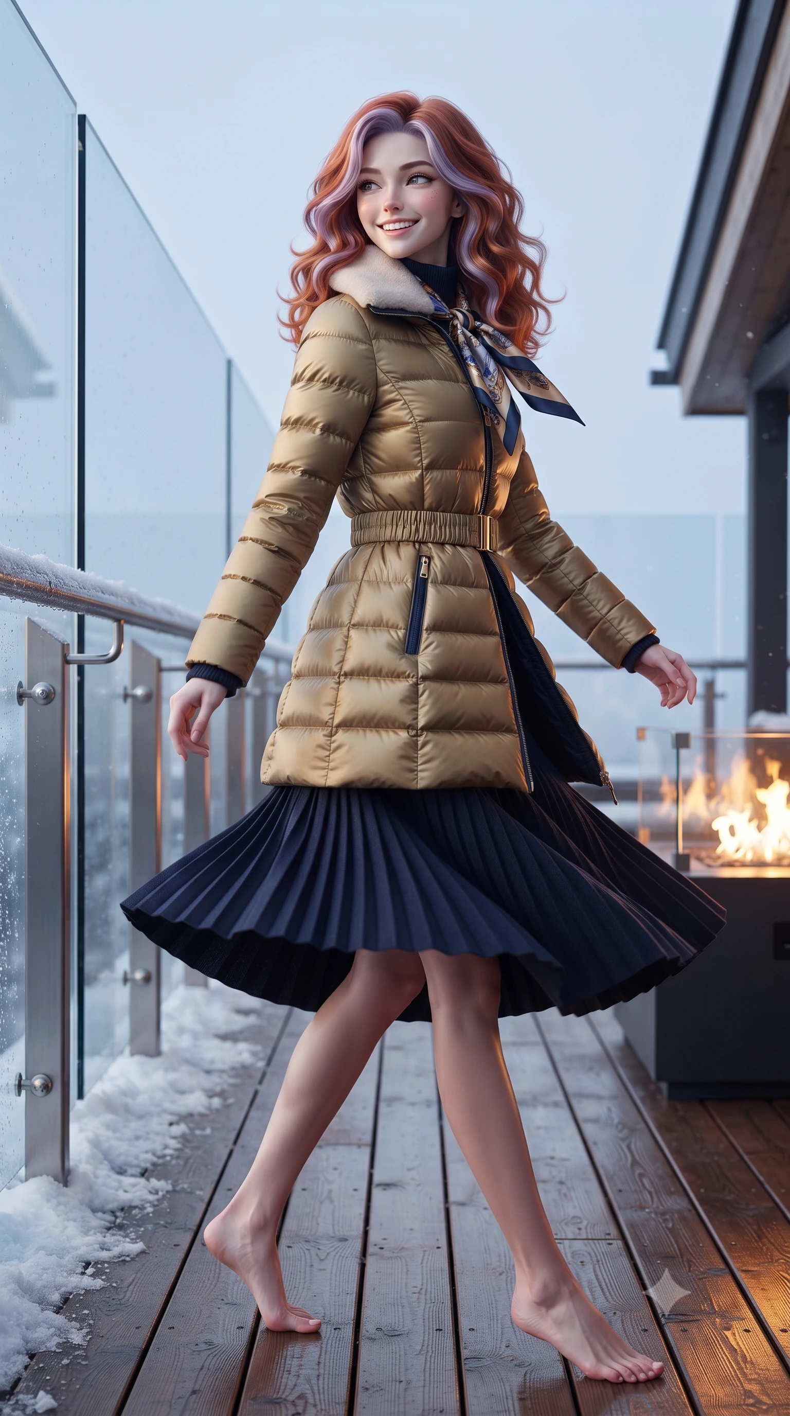 score_9, masterpiece, best quality, ultra-detailed, high-budget anime keyframe, editorial fashion photography, tasteful artistic composition, Caucasian woman. low angle full-body shot from head to toe showing her feet, filling the entire 9:16 vertical frame with her statuesque presence, stretching her vertical silhouette. executing an elegant pivot turn as the hem of her pleated wool skirt sways rhythmically, glancing back with joyful radiance while walking along the snow-free teak heated deck with confident model stride, her shearling coat collar turned up against the crisp mountain breeze. The surrounding environment is rendered in vivid detail and crisp panoramic clarity: sharp laminated structural glass panel edges, stainless steel stanchion joints, and snow crystals dusting the outer railing in deep focus. She has an exceptionally tall and slender model-like 8.5-heads proportion, an ultra-slim waist, a flat toned midriff, narrow delicate ribcage, and beautifully sculpted feminine hips creating a graceful, slim hourglass silhouette without any bulky heaviness, with impossibly long slender legs. sharp v-shaped jawline, high-bridge nose, intricate jewel-like sparkling eyes with depth, thick eyelashes, glossy parted lips with a natural peach sheen, bright cheerful beaming smile with an enchanting and coquettish sensual glint, exuding both youthful cute charm and seductive allure, flawlessly proportioned anatomical accuracy, strict slender model proportions, natural body alignment, perfectly sculpted long slender limbs, ultra-slim waistline, clean dynamic posture without body distortion. wearing a tailored quilted down coat with a cinched elastic belt and high funnel neck over thermal knit layers in Ginza vintage brass gold and midnight navy, made of crisp Egyptian cotton poplin with pristine tailored pressing, finished with a printed silk twilly scarf knotted gracefully around her neck, the streamlined silhouette following her natural slender proportions with sophisticated poise, enhancing her tall willowy presence. illuminated by crisp platinum rim lights and soft fire pit warmth sculpting her cheekbones, narrow waist, and athletic statuesque build. ultra-reflective glossy finish, specular highlights, rich textural contrasts, high-contrast stereoscopic depth, volumetric dynamic lighting, 2k, ultra detail, master piece, 9:16 ratio