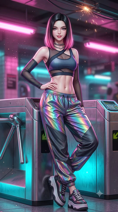score_9, masterpiece, best quality, ultra-detailed, high-budget anime keyframe, semi-realistic 3D game render, editorial fashion photography, tasteful artistic composition, Korean woman. close-up cowboy shot from the waist and thighs up, the characte