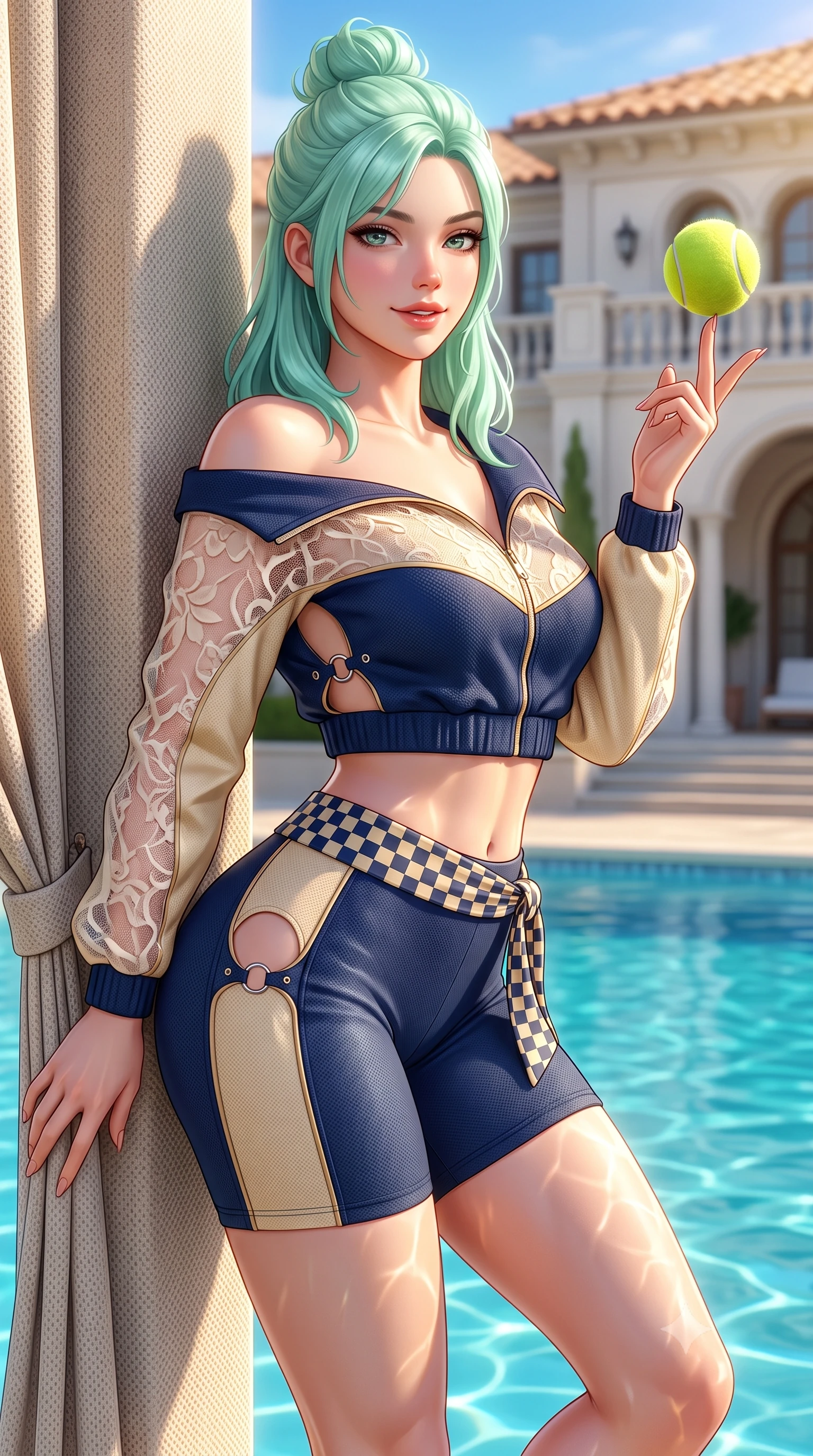score_9, masterpiece, best quality, ultra-detailed, high-budget anime keyframe, semi-realistic 3D game render, editorial fashion photography, tasteful artistic composition, Japanese woman. close-up cowboy shot from the waist and thighs up, the character dominates the composition, filling the frame with her large presence. playfully spinning a tennis ball on her fingertips, her radiant smile capturing fresh girlhood charm while her arched torso reveals an intoxicating hip contour while leaning against the poolside cabana post with hips cocked back, casting an alluring bedroom-gaze past floating turquoise pool water. The surrounding environment is rendered in vivid detail and crisp panoramic clarity: detailed piqué polo texture, golden California sun on skin, and legendary country club architecture in razor-sharp precision. She has an exceptionally elegant, slender, and willowy female figure with an ultra-slim waist, flat toned midriff, narrow ribcage, and sculpted feminine hips creating an alluring, slim hourglass silhouette without bulk. sharp v-shaped jawline, high-bridge nose, sparkling eyes with athletic focus and depth, thick curled eyelashes, glossy parted lips with a natural coral-peach sheen, bright confident and coquettish smile with alluring bedroom-eyes, exuding both youthful sporty vigor and sovereign high-society glamour, flawlessly proportioned anatomical accuracy, strict slender model proportions, natural body alignment, perfectly sculpted long slender limbs, ultra-slim waistline, clean dynamic posture without body distortion. wearing an asymmetric off-shoulder cropped windbreaker jacket paired with tight high-waisted biker shorts and a checkered waist sash in Monaco navy blue and cream champagne gold, crafted from sheer delicate stretch lace reinforced with technical sport threads, finished with sharp laser-cut side ventilation cutouts framed by chrome rings, the glove-like aerodynamic silhouette tightly following the natural contour of her hips and long slender legs with youthful 8.5-heads elegance. illuminated by water caustic bounce and sharp platinum rim lights defining her sculpted collarbones, ultra-slim waist, and curvy hips. highly saturated vibrant anime colors, detailed shading with soft gradients, rich glossy textures, high-contrast stereoscopic depth, volumetric dynamic lighting, master piece, 9:16 ratio