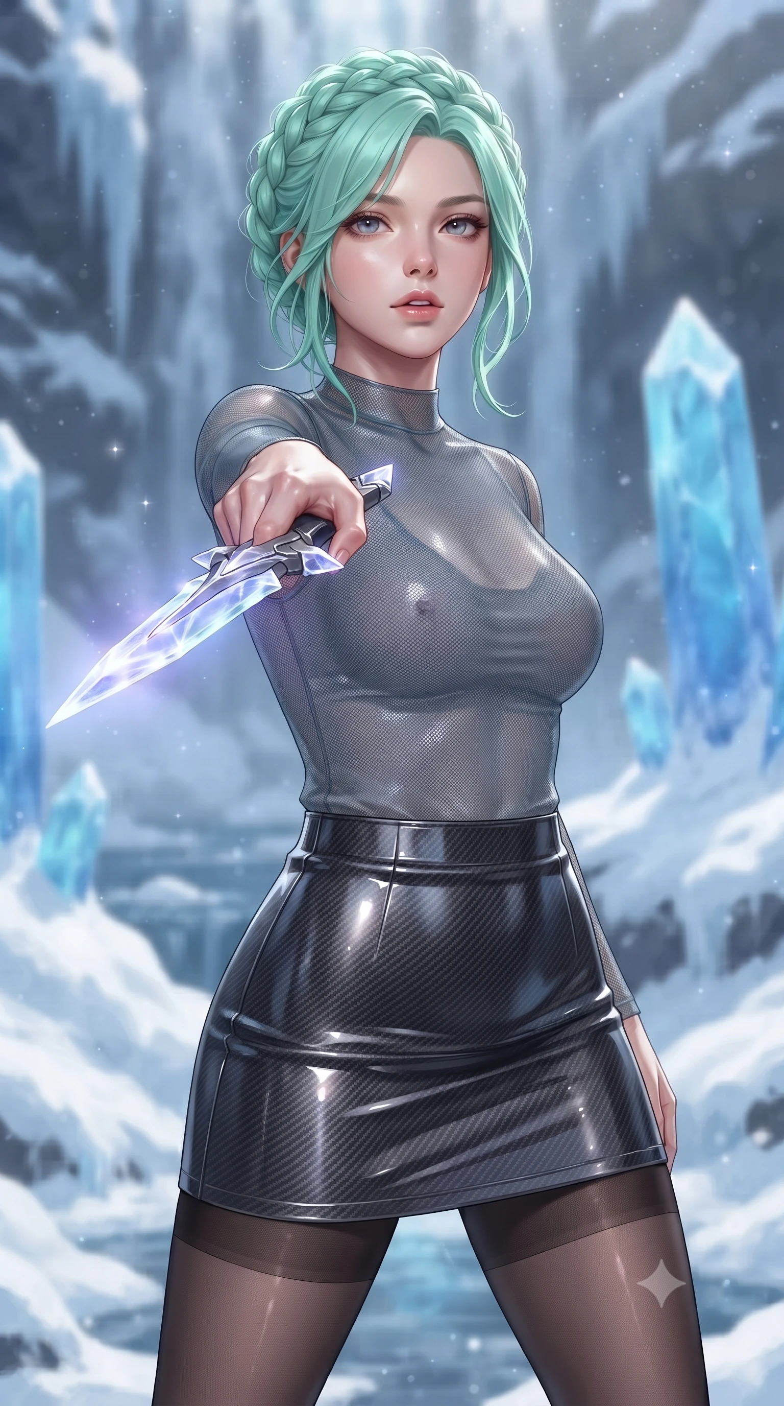 score_9, masterpiece, best quality, ultra-detailed, high-budget anime keyframe, editorial fashion photography, tasteful artistic composition, Japanese woman. close-up cowboy shot from the waist and thighs up, the character dominates the composition, filling the frame with her large presence, background elements kept in soft focus. pointing a crystal-edged laser dagger forward in a defensive stance, tilting her chin up slightly with lips parted in a composed pose, the background shows a soft-focus a waterfall peak deck with snow drifts and blue quartz pillars. She has an exceptionally elegant, slender, and willowy female figure with an ultra-slim waist, a gracefully sculpted slender torso, and a refined silhouette. sharp v-shaped jawline, high-bridge nose, intricate jewel-like eyes with depth, thick eyelashes, glossy lips with a natural sheen. wearing a slim-fit semi-transparent mesh top in slate grey, paired with a carbon-fiber mini skirt and sheer stockings. bright morning starlight highlighting white snow and blue crystal in vivid tones. ultra-reflective glossy finish, specular highlights, metallic sheen, high-contrast stereoscopic depth, volumetric dynamic lighting, 2k, ultra detail, master piece, 9:16 ratio