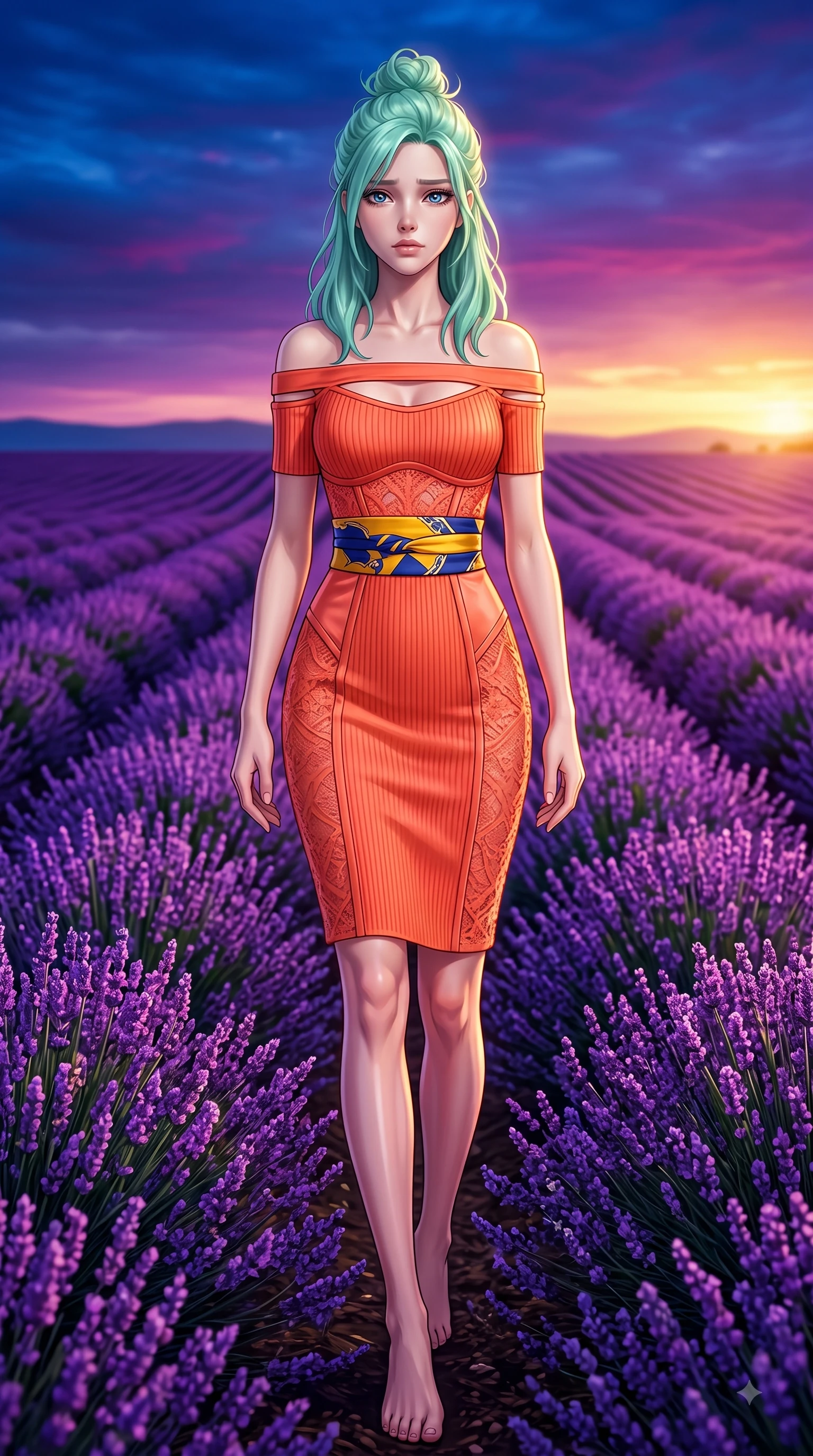 score_9, masterpiece, best quality, ultra-detailed, high-budget anime keyframe, editorial fashion photography, tasteful artistic composition, Japanese woman. low angle full-body shot from head to toe showing her feet, filling the entire 9:16 vertical frame with her statuesque presence, stretching her vertical silhouette. Wistful sorrowful gaze looking distant with a delicate melancholy and emotional depth in her eyes while walking gracefully through an endless field of blooming purple lavender under a twilight sky. The surrounding environment is rendered in vivid detail and crisp panoramic clarity. rich purple and gold color contrast in the landscape rendered with high environmental clarity. She has an absolutely perfect, statuesque 8.5-heads proportion, an exceptionally tall and slender model-like female figure with impossibly long slender legs and an ultra-slim waist. sharp v-shaped jawline, high-bridge nose, intricate jewel-like eyes with depth, thick eyelashes, glossy lips with a natural sheen, flawlessly proportioned anatomical accuracy, natural body alignment, perfectly sculpted elegant limbs, clean dynamic posture without body distortion. wearing a bold coral orange off-shoulder ribbed knit dress with a fitted waist belt in sunflower yellow and royal navy blue, made of fine lace weave and soft satin jersey, complemented by clean architectural seams and subtle cutouts, the chic fashion cut framing her graceful clavicle and slender torso. bathed in ethereal twilight glow and warm golden sunset horizon light. highly saturated vibrant anime colors, detailed shading with soft gradients, rich glossy textures, high-contrast stereoscopic depth, volumetric dynamic lighting, master piece, 9:16 ratio