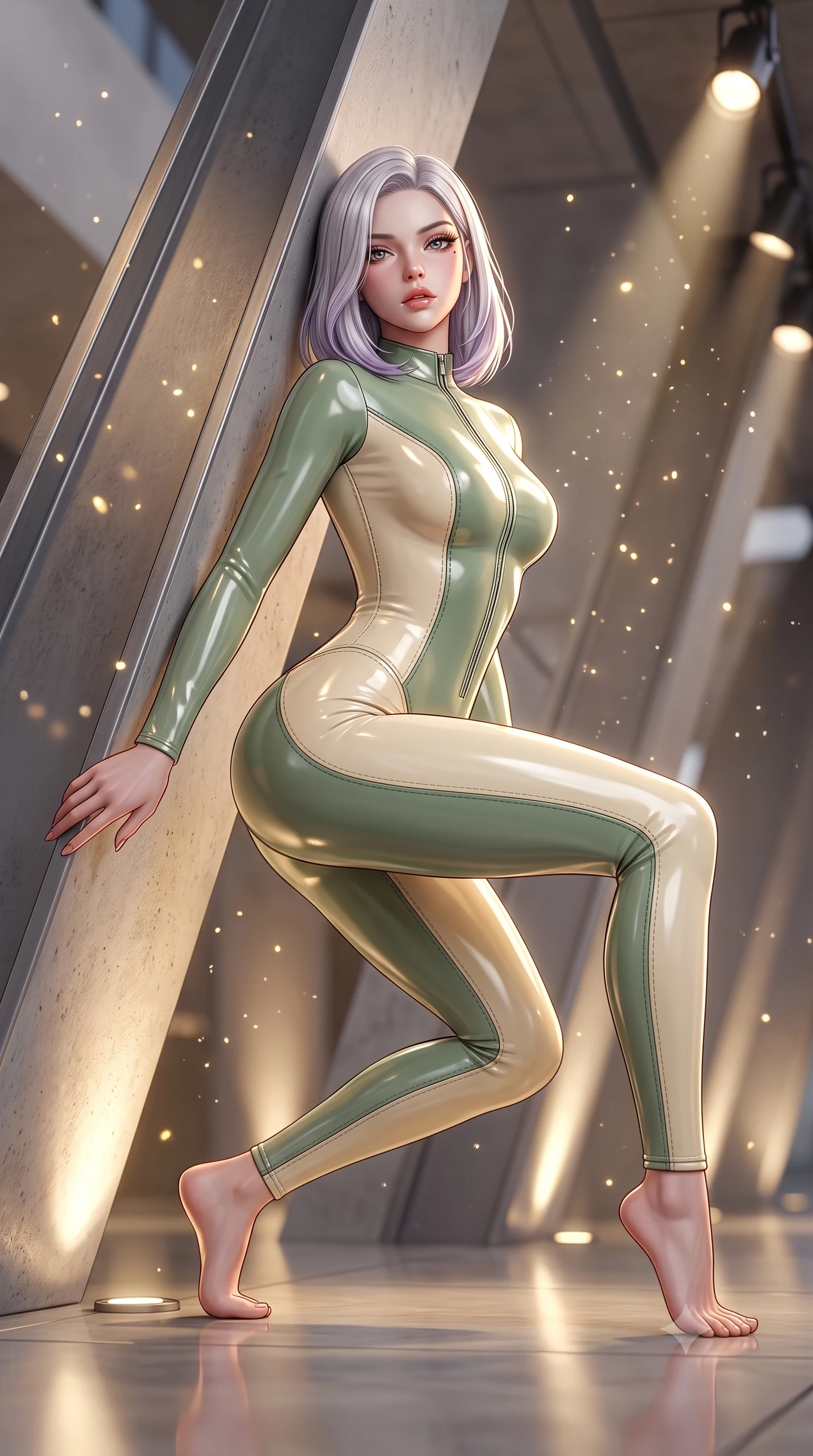 score_9, masterpiece, best quality, ultra-detailed, high-budget anime keyframe, semi-realistic 3D game render, editorial fashion photography, tasteful artistic composition, Caucasian woman. low angle full-body shot from head to toe showing her feet, filling the entire 9:16 vertical frame with her statuesque presence, stretching her vertical silhouette. leaning deep against the structural architecture with hips cocked in an unapologetically bold, seductive high-fashion stance while crouching in a low, balanced dancer plié on the reflective floor, her athletic feminine curves and toned hips creating a breathtaking line. The composition keeps background elements in soft focus with creamy bokeh. floating micro-chalk particles and spotlight beams scattering luminous golden light motes. She has an absolutely perfect, statuesque 8.5-heads proportion, an exceptionally tall and slender model-like female figure with impossibly long slender legs, a toned flat midriff, an ultra-slim waist, and beautifully sculpted feminine hips. sharp v-shaped jawline, high-bridge nose, intricate jewel-like eyes with depth, thick eyelashes, glossy parted lips with a natural sheen, intensely captivating and seductive bedroom-eyes expression, flawlessly proportioned anatomical accuracy, strict slender model proportions, natural body alignment, perfectly sculpted long slender limbs, ultra-slim waistline, clean dynamic posture without body distortion. wearing a glossy stretch vinyl dance catsuit with front zipper and form-contouring hip panels in sage green and warm cream, tailored from supple stretch leather with precision-stitched seams, finished with high-cut leg elastic bands defining her long leg lines, the liquid-tight tailored fabric clinging flawlessly to her narrow waist and rounded feminine hips, emphasizing every millimeter of her sculpted hourglass curves during movement. bathed in warm floor-level uplighting and dramatic overhead theatrical spotlights. highly saturated vibrant anime colors, detailed shading with soft gradients, rich glossy textures, high-contrast stereoscopic depth, volumetric dynamic lighting, master piece, 9:16 ratio