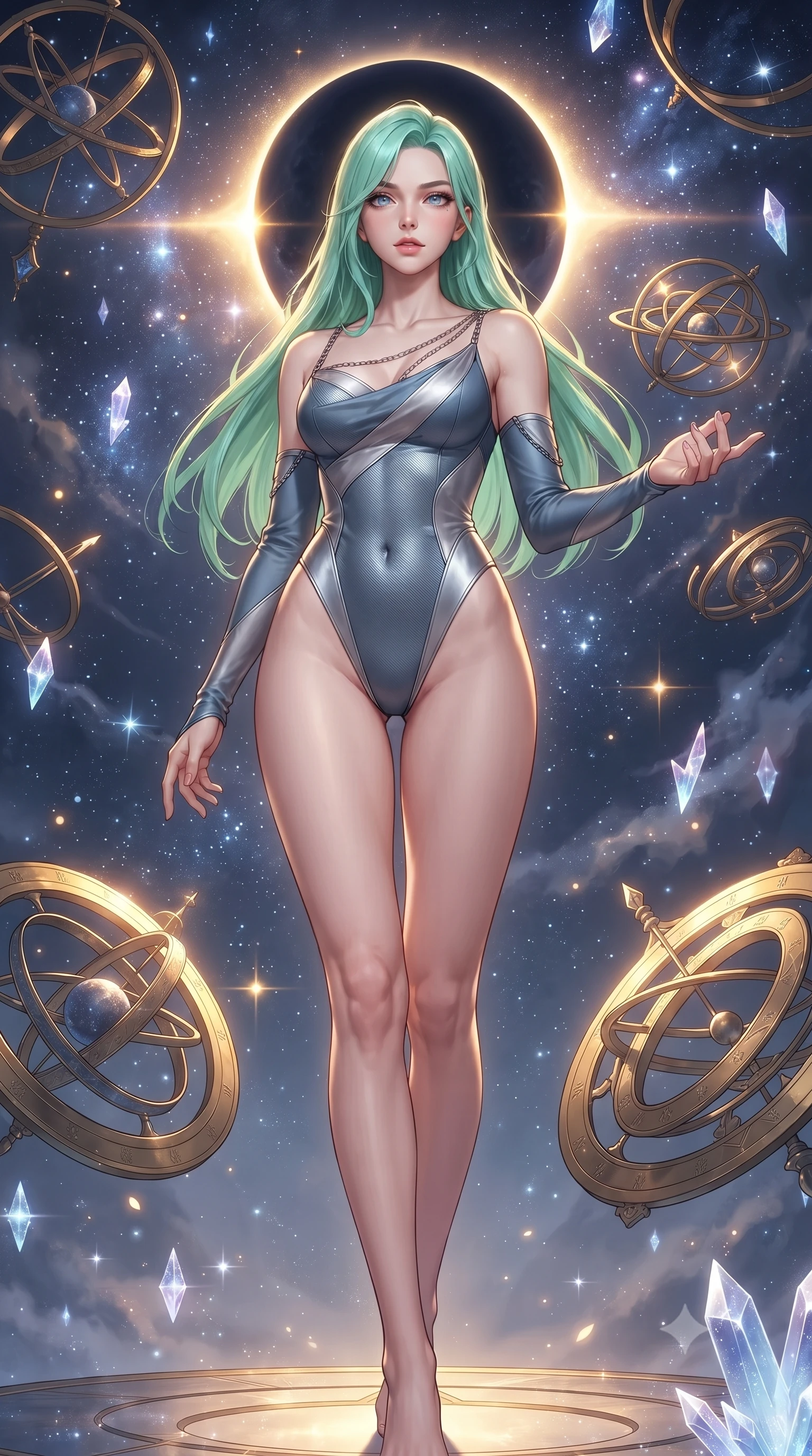 score_9, masterpiece, best quality, ultra-detailed, high-budget anime keyframe, editorial fashion photography, tasteful artistic composition, Japanese woman. low angle full-body shot from head to toe showing her feet, filling the entire 9:16 vertical frame with her statuesque presence, stretching her vertical silhouette. interacting gracefully with the magical floating elements while maintaining a confident posture surrounded by floating armillary spheres and glowing starlight crystals, a cosmic eclipse casting brilliant golden rim highlights. She has an absolutely perfect, statuesque 8.5-heads proportion, an exceptionally tall and slender model-like female figure with impossibly long slender legs and an ultra-slim waist. sharp v-shaped jawline, high-bridge nose, intricate jewel-like eyes with depth, thick eyelashes, glossy lips with a natural sheen. wearing an asymmetrical high-cut tech-bodysuit with detached sleeves in slate blue and metallic silver, made of fine carbon-fiber weave and soft matte leather, adorned with delicate metallic chain straps along the neckline, the elegant draped fit framing her graceful clavicle and slender torso. illuminated by brilliant starlight and warm golden inner glow from the astrolabe. highly saturated vibrant anime colors, detailed shading with soft gradients, rich glossy textures, high-contrast stereoscopic depth, volumetric dynamic lighting, master piece, 9:16 ratio