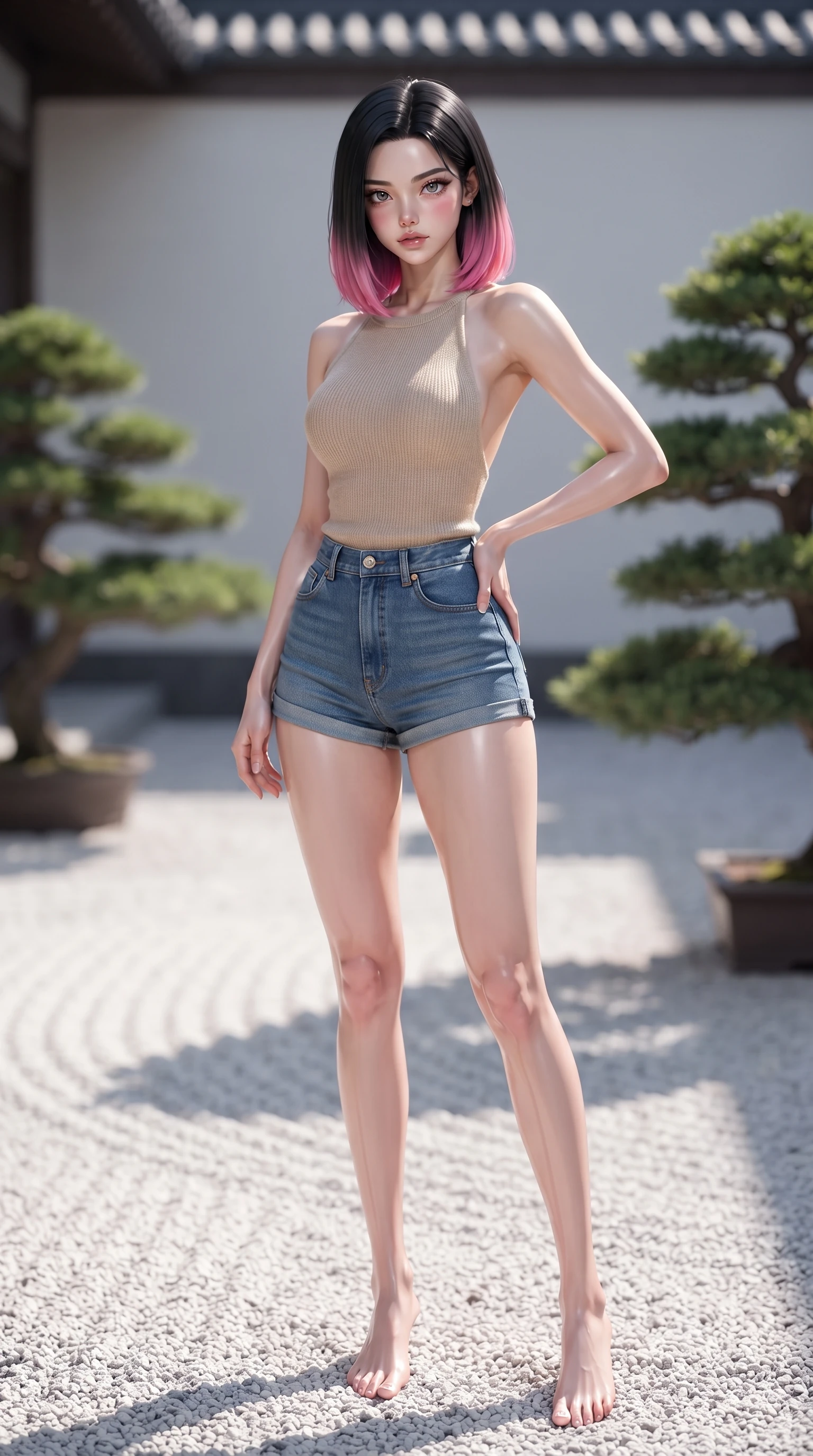 score_9, masterpiece, best quality, ultra-detailed, high-budget anime keyframe, editorial fashion photography, tasteful artistic composition, Korean woman woman. low angle full-body shot from head to toe showing her feet, filling the entire 9:16 vertical frame with her statuesque presence, stretching her vertical silhouette. posing confidently with one hand on her hip, stretching her statuesque body to emphasize her curves the background shows a soft-focus a white raked gravel courtyard with structured green bonsai trees in a quiet villa yard. She has an absolutely perfect, statuesque 8.5-heads proportion, an exceptionally tall and slender model-like female figure with impossibly long slender legs and an ultra-slim waist. sharp v-shaped jawline, high-bridge nose, intricate jewel-like eyes with depth, thick eyelashes, glossy lips with a natural sheen. wearing a slim-fit backless knit top in beige wool, paired with high-waisted denim shorts. crisp morning sunlight casting sharp, clean shadows across the gravel. ultra-reflective glossy finish, specular highlights, metallic sheen, high-contrast stereoscopic depth, volumetric dynamic lighting, 2k, ultra detail, master piece, 9:16 ratio