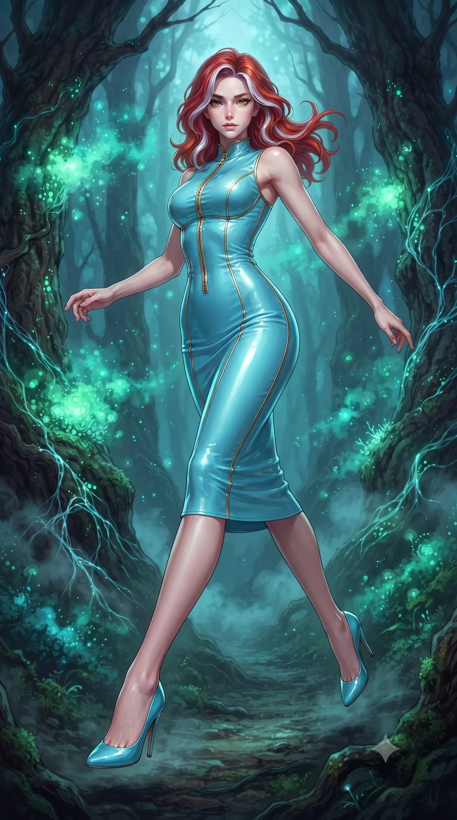 score_9, masterpiece, best quality, ultra-detailed, high-budget anime keyframe, editorial fashion photography, tasteful artistic composition, Caucasian woman. low angle full-body shot from head to toe showing her feet, filling the entire 9:16 vertical frame with her statuesque presence, stretching her vertical silhouette. leaping dynamically through the luminous sky, her posture full of power and elegance, navigating a misty dark forest path illuminated by bioluminescent spores, bioluminescent mycelium threads weaving intricate glowing patterns through dark bark. She has an absolutely perfect, statuesque 8.5-heads proportion, an exceptionally tall and slender model-like female figure with impossibly long slender legs and an ultra-slim waist. sharp v-shaped jawline, high-bridge nose, intricate jewel-like eyes with depth, thick eyelashes, glossy lips with a natural sheen. wearing fitted opal-glazed silk maxi dress hugging every curve in sky blue turquoise, made of high-gloss liquid pearl vinyl, finished with metallic gold boning and sleek zipper points, the fitted fabric emphasizing her ultra-slim waist. bathed in soft emerald and cyan light from glowing forest spores. highly saturated vibrant anime colors, detailed shading with soft gradients, rich glossy textures, high-contrast stereoscopic depth, volumetric dynamic lighting, master piece, 9:16 ratio