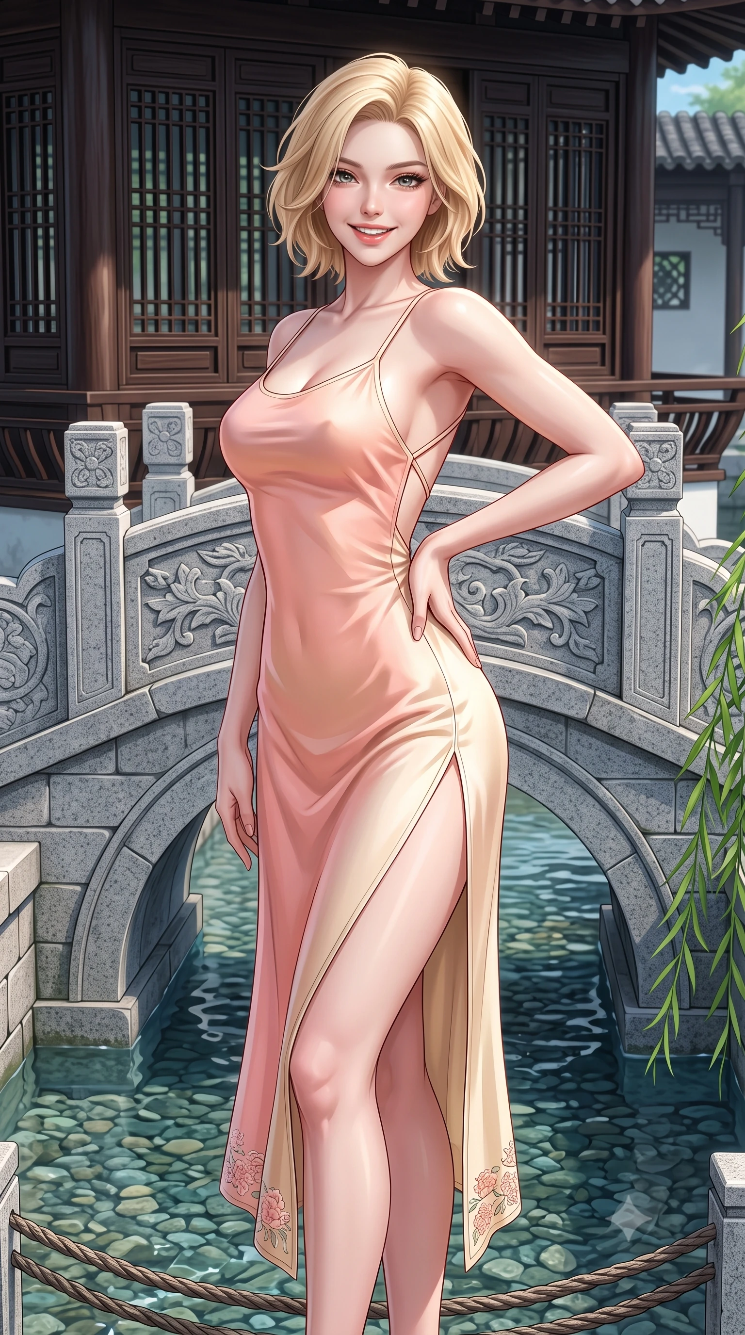 score_9, masterpiece, best quality, ultra-detailed, high-budget anime keyframe, semi-realistic 3D game render, editorial fashion photography, tasteful artistic composition, Caucasian woman. close-up cowboy shot from the waist and thighs up, the character dominates the composition, filling the frame with her large presence. twisting her slender torso in an alluring contrapposto stance, one hand resting on her sculpted hip while flashing a radiant, playful smile with parted glossy lips while pausing gracefully at the center of the small arched stone bridge, arching her lower back with a bright, charming smile as weeping willow fronds brush the water. The surrounding environment is rendered in vivid detail and crisp panoramic clarity. sharp carved granite bridge masonry, dark wooden lattice window screens, and canal pebble clarity in deep focus. She has an exceptionally elegant, slender, and willowy female figure with an ultra-slim waist, flat toned midriff, narrow ribcage, and sculpted feminine hips creating an alluring, slim hourglass silhouette without bulk. sharp v-shaped jawline, high-bridge nose, intricate jewel-like sparkling eyes with depth, thick eyelashes, glossy parted lips with a natural peach sheen, bright cheerful beaming smile with an enchanting and coquettish sensual glint, exuding both youthful cute charm and seductive allure, flawlessly proportioned anatomical accuracy, strict slender model proportions, natural body alignment, perfectly sculpted long slender limbs, ultra-slim waistline, clean dynamic posture without body distortion. wearing a breezy silk-satin slip dress featuring a thigh-high side slit ascending to the high hip and criss-cross back straps in pastel peach blossom pink and warm champagne ivory, tailored from crisp cotton poplin with clean structural lines, complemented by delicate embroidered floral trim along the hem, the form-contouring cut accentuating her sculpted flat midriff, narrow delicate ribcage, and gracefully curvy hips with supermodel precision. illuminated by crystal water specular reflections accentuating her sculpted midriff, narrow waist, and curvy hips. highly saturated vibrant anime colors, detailed shading with soft gradients, rich glossy textures, high-contrast stereoscopic depth, volumetric dynamic lighting, master piece, 9:16 ratio