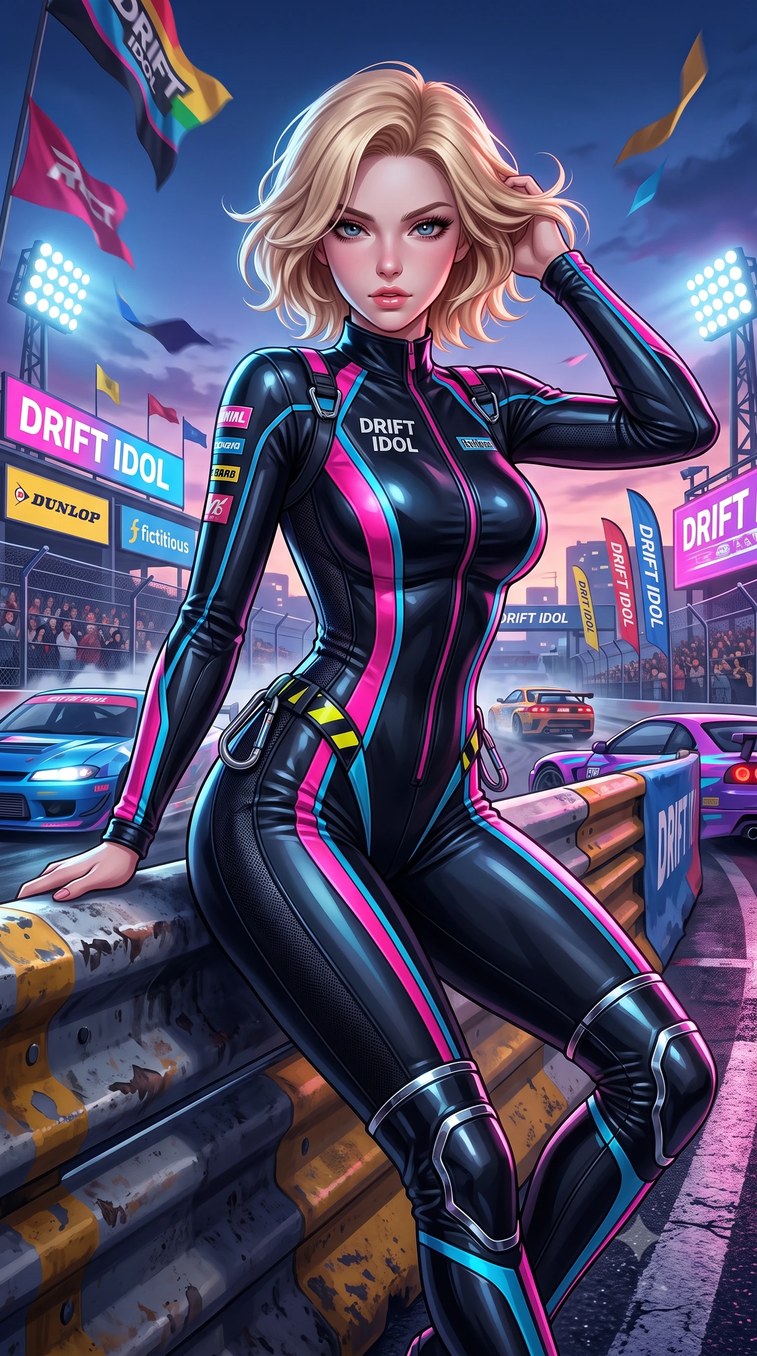 score_9, masterpiece, best quality, ultra-detailed, high-budget anime keyframe, semi-realistic 3D game render, editorial fashion photography, tasteful artistic composition, Caucasian woman. close-up cowboy shot from the waist and thighs up, the character dominates the composition, filling the frame with her large presence. leaning forward toward the camera with playful, breathtaking intimacy, eyes locked onto the viewer with irresistible charisma while leaning against a heavy track barrier, tossing her hair over one shoulder as wind whips the racing circuit banners. The surrounding environment is rendered in vivid detail and crisp panoramic clarity. intense neon-noir chiaroscuro and exhilarating urban drift culture aesthetics rendered with precision. She has an exceptionally elegant, slender, and willowy female figure with an ultra-slim waist, a gracefully sculpted slender torso, toned flat midriff, and a refined slim silhouette. sharp v-shaped jawline, high-bridge nose, intricate jewel-like eyes with depth, thick eyelashes, glossy parted lips with a natural sheen, intensely captivating and seductive expression, flawlessly proportioned anatomical accuracy, strict slender model proportions, natural body alignment, perfectly sculpted long slender limbs, ultra-slim waistline, clean dynamic posture without body distortion. wearing a second-skin motocore bodysuit with bold racing stripes and ergonomic aerodynamic knee-high boots in pitch-black vinyl and specular chrome trim, made of breathable technical athletic mesh and liquid-finish track nylon, finished with high-visibility hazard warning tape details and carabiner clips, the liquid-tight tailored fabric emphasizing every curve of her tall, slender model proportions and sculptured silhouette. surrounded by an adrenaline-fueled, audacious, and wildly charismatic drift idol aura. highly saturated vibrant anime colors, detailed shading with soft gradients, rich glossy textures, high-contrast stereoscopic depth, volumetric dynamic lighting, master piece, 9:16 ratio