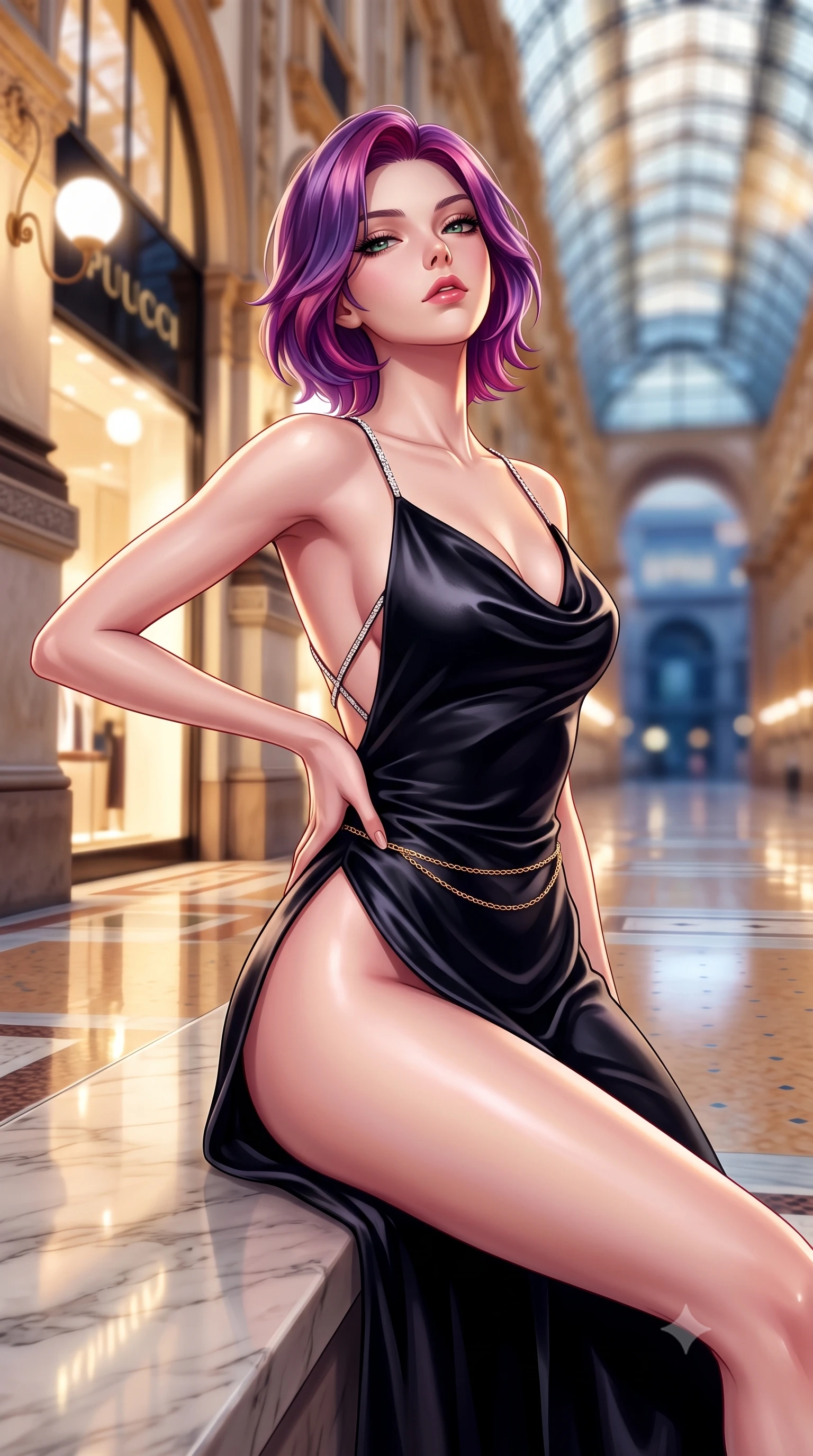 score_9, masterpiece, best quality, ultra-detailed, high-budget anime keyframe, semi-realistic 3D game render, editorial fashion photography, tasteful artistic composition, Caucasian woman. close-up cowboy shot from the waist and thighs up, the character dominates the composition, filling the frame with her large presence. tilting her chin up with proud, sovereign allure while gazing through thick eyelashes, one hand resting on her waist in pure supermodel charisma while reclining on a marble ledge beside an illuminated luxury storefront, her long slender legs and narrow waist commanding the monumental Italian space. The composition keeps background elements in soft focus with creamy bokeh. monumental iron-and-glass vaulted ceiling and illuminated luxury boutique windows blurred into warm champagne, sapphire, and gold bokeh. She has an exceptionally elegant, slender, and willowy female figure with an ultra-slim waist, flat toned midriff, narrow ribcage, and sculpted feminine hips creating an alluring, slim hourglass silhouette without bulk. sharp v-shaped jawline, high-bridge nose, intricate jewel-like eyes with depth, thick eyelashes, glossy parted lips with a natural sheen, intensely captivating and seductive bedroom-eyes expression, flawlessly proportioned anatomical accuracy, strict slender model proportions, natural body alignment, perfectly sculpted long slender limbs, ultra-slim waistline, clean dynamic posture without body distortion. wearing a backless cowl-neck satin slip dress featuring high-cut side hip slits and delicate criss-cross back straps in pitch-black velvet with diamond crystal trim, tailored from ultra-smooth duchess satin with a pearlescent sheen, accented with a delicate gold chain belt resting loosely on her curvy hips, the dramatically scooped open back descending to the base of her spine, accentuating her razor-sharp statuesque lines and slim hourglass silhouette. illuminated by polished marble floor specular bounce sharply defining her sculpted collarbones, ultra-slim waist, and curvy hips. highly saturated vibrant anime colors, detailed shading with soft gradients, rich glossy textures, high-contrast stereoscopic depth, volumetric dynamic lighting, master piece, 9:16 ratio