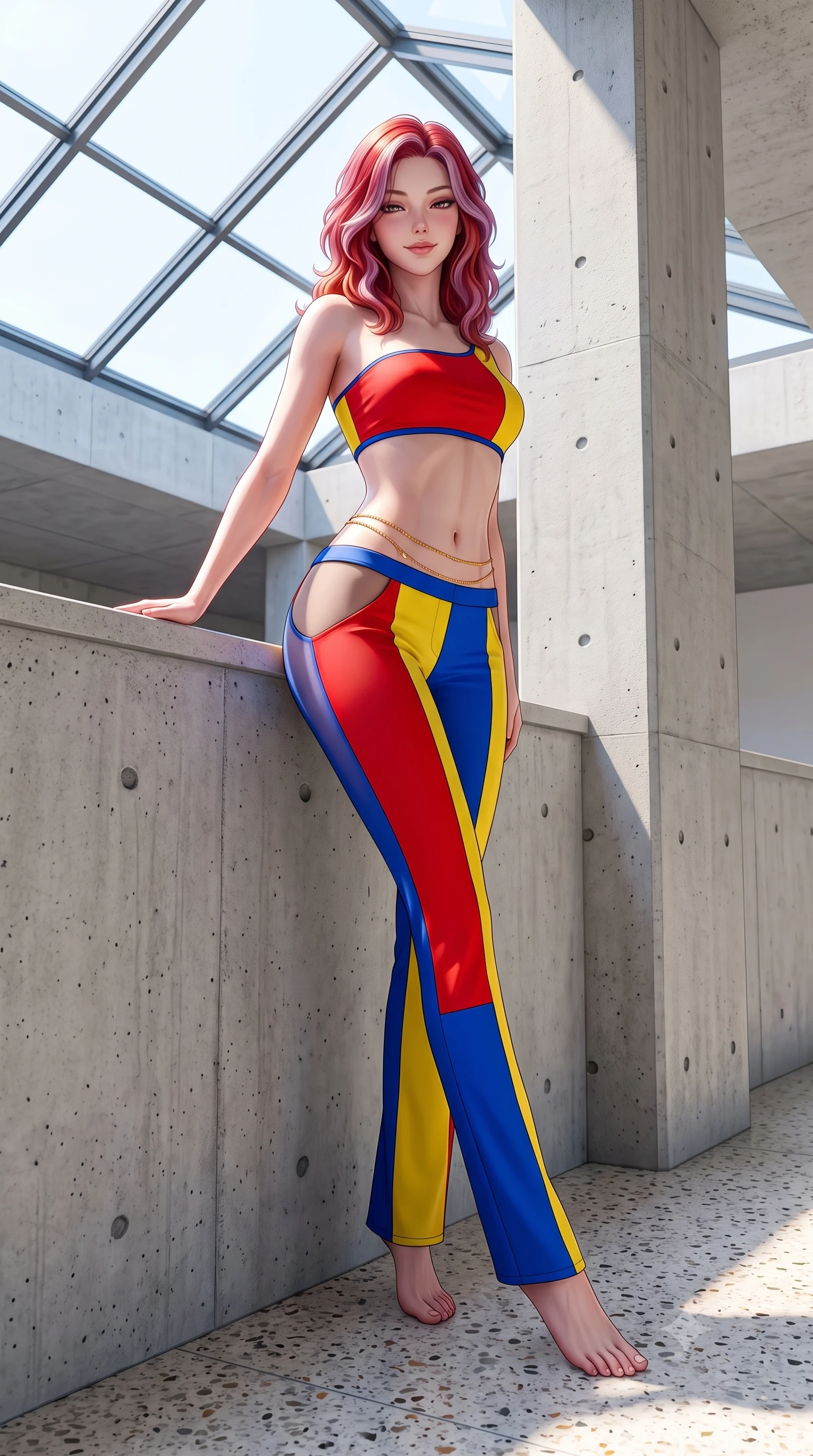 score_9, masterpiece, best quality, ultra-detailed, high-budget anime keyframe, semi-realistic 3D game render, editorial fashion photography, tasteful artistic composition, Caucasian woman. low angle full-body shot from head to toe showing her feet, filling the entire 9:16 vertical frame with her statuesque presence, stretching her vertical silhouette. leaning deep against the balcony balustrade with hips cocked back in an unapologetically alluring high-fashion stance, casting an intoxicating glance while leaning against a smooth concrete architectural pillar with hips cocked back, casting an intoxicating, heavy-lidded high-fashion gaze. The surrounding environment is rendered in vivid detail and crisp panoramic clarity: sharp board-formed concrete tie-hole textures, polished terrazzo floor aggregate, and glass skylight mullions in deep focus. She has an absolutely perfect, statuesque 8.5-heads proportion, an exceptionally tall and slender model-like female figure with impossibly long slender legs, an ultra-slim waist, a flat toned midriff, narrow delicate ribcage, and beautifully sculpted feminine hips creating a graceful, slim hourglass silhouette without any bulky heaviness. sharp v-shaped jawline, high-bridge nose, sparkling eyes with hypnotic seductive depth, thick curled eyelashes, glossy parted lips with a natural dewy peach sheen, alluring bedroom-eyes with an enchanting coquettish smile, exuding magnetic siren charisma and sophisticated glamour, flawlessly proportioned anatomical accuracy, strict slender model proportions, natural body alignment, perfectly sculpted long slender limbs, ultra-slim waistline, clean dynamic posture without body distortion. wearing a form-contouring one-shoulder minimalist bandeau top paired with low-rise tailored trousers with sheer hip cutouts in Mondrian primary red, canary yellow, and electric cobalt blue, made of semi-opaque stretch illusion mesh with soft shadowy contours, accented with a dainty gold belly chain resting across her flat midriff and curving hips, the glove-like clinging cut tightly following the natural contour of her hips and long slender legs with youthful 8.5-heads elegance. bathed in intense crisp neutral 5500K daylight flooding directly down from the overhead glass skylight. highly saturated vibrant anime colors, detailed shading with soft gradients, rich glossy textures, high-contrast stereoscopic depth, volumetric dynamic lighting, master piece, 9:16 ratio