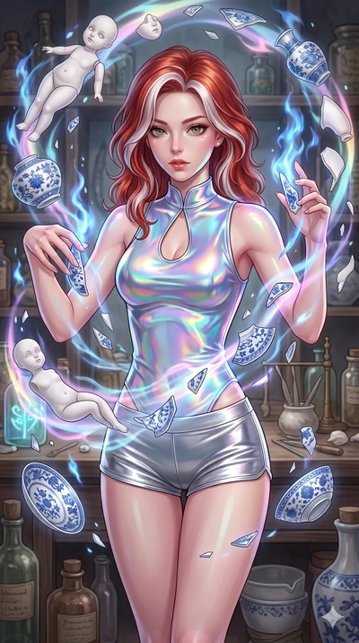 score_9, masterpiece, best quality, ultra-detailed, high-budget anime keyframe, Caucasian woman, strictly human ears. upper body close-up from the thighs up, character filling the screen for maximum presence. assisting in an alchemical porcelain work