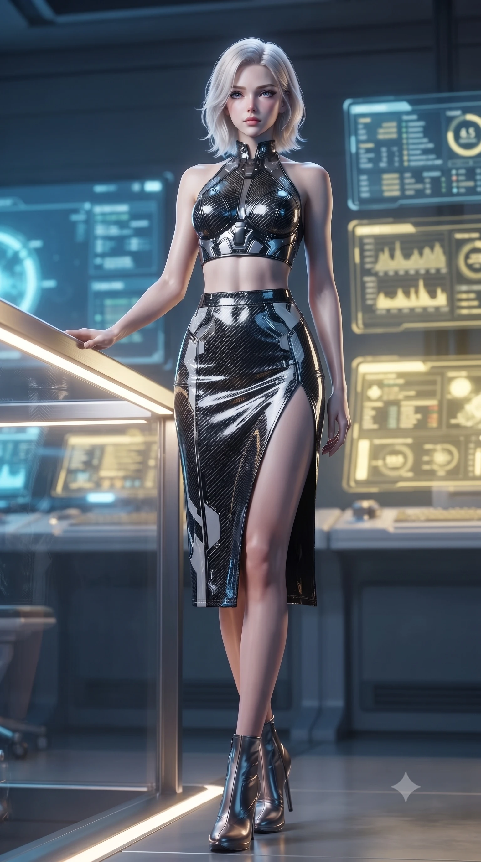 score_9, masterpiece, best quality, ultra-detailed, high-budget anime keyframe, editorial fashion photography, tasteful artistic composition, Caucasian woman. low angle full-body shot from head to toe showing her feet, filling the entire 9:16 vertical frame with her statuesque presence, stretching her vertical silhouette. standing in a tall, confident posture with one hand on a glowing metal railing, stretching her statuesque body, the background shows a soft-focus a console room with holographic terminal displays and status charts. She has an absolutely perfect, statuesque 8.5-heads proportion, an exceptionally tall and slender model-like female figure with impossibly long slender legs and an ultra-slim waist. sharp v-shaped jawline, high-bridge nose, intricate jewel-like eyes with depth, thick eyelashes, glossy lips with a natural sheen. wearing a tailored carbon-fiber halter-neck crop top paired with a matching high-slit midi skirt, revealing her slim waist. soft yellow terminal glare contrasting with cool blue simulation space. ultra-reflective glossy finish, specular highlights, metallic sheen, high-contrast stereoscopic depth, volumetric dynamic lighting, 2k, ultra detail, master piece, 9:16 ratio