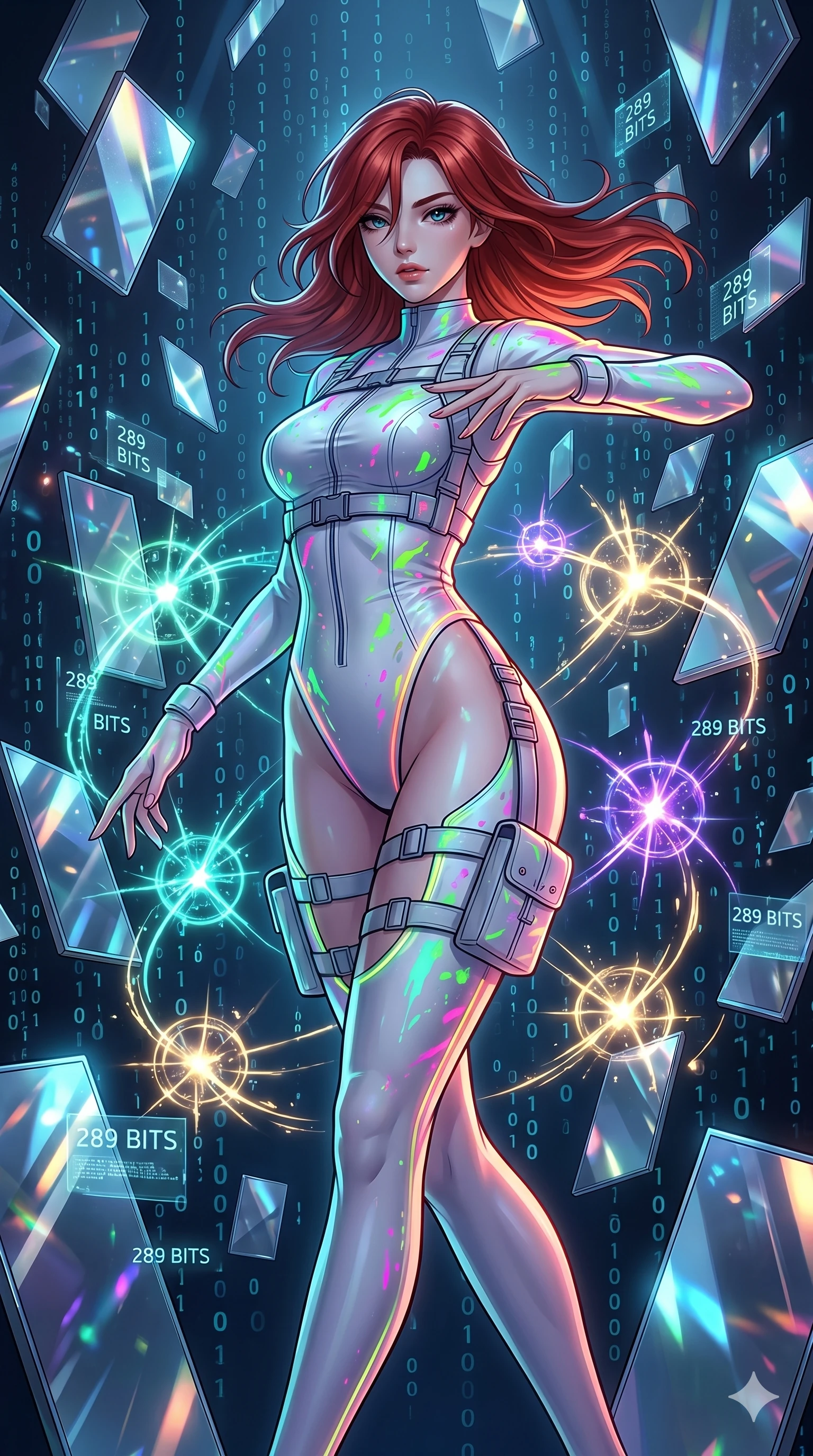score_9, masterpiece, best quality, ultra-detailed, Set A: High-budget Anime Keyframe, Korean woman. Upper body close-up from the thighs up, character filling the screen for maximum presence. Dancing through a dimension of floating mirrors, while a digital blizzard of 289 bits obscures the horizon and surrounded by glowing energy sparks. She has an absolutely perfect 8-heads proportion, an exceptionally tall and slender female figure with impossibly long slender legs and an ultra-slim waist. Sharp v-shaped jawline, high-bridge nose, intricate jewel-like eyes with depth, thick eyelashes, glossy lips with a natural sheen. Wearing Neon-splattered white leather suit with high-cut legs and tactical harness. Cinematic lighting, vibrant colors, dramatic shadows, 2k, ultra detail, master piece, 9:16 ratio