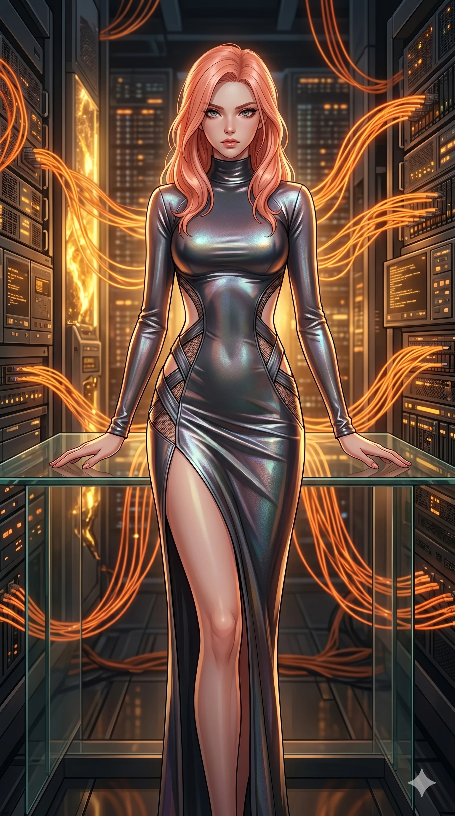 score_9, masterpiece, best quality, ultra-detailed, high-budget anime keyframe, editorial fashion photography, tasteful artistic composition, Japanese woman. cowboy shot from the thighs up, character and outfit filling the frame for maximum editorial presence. resting her hands on the glass, looking at the camera in a cyberpunk data hub filled with rows of pulsing orange fiber cables (Code-P18-108). She has an absolutely perfect 8-heads proportion, an exceptionally tall and slender female figure with impossibly long slender legs and an ultra-slim waist. V-shaped jawline, high-bridge nose, intricate jewel-like eyes with depth, thick eyelashes, glossy lips with a natural sheen. wearing a bodycon dress with side cutouts and a high-slit skirt. golden light emanating from the mineral veins, creating a dramatic chiaroscuro effect. 2k, ultra detail, master piece, 9:16 ratio