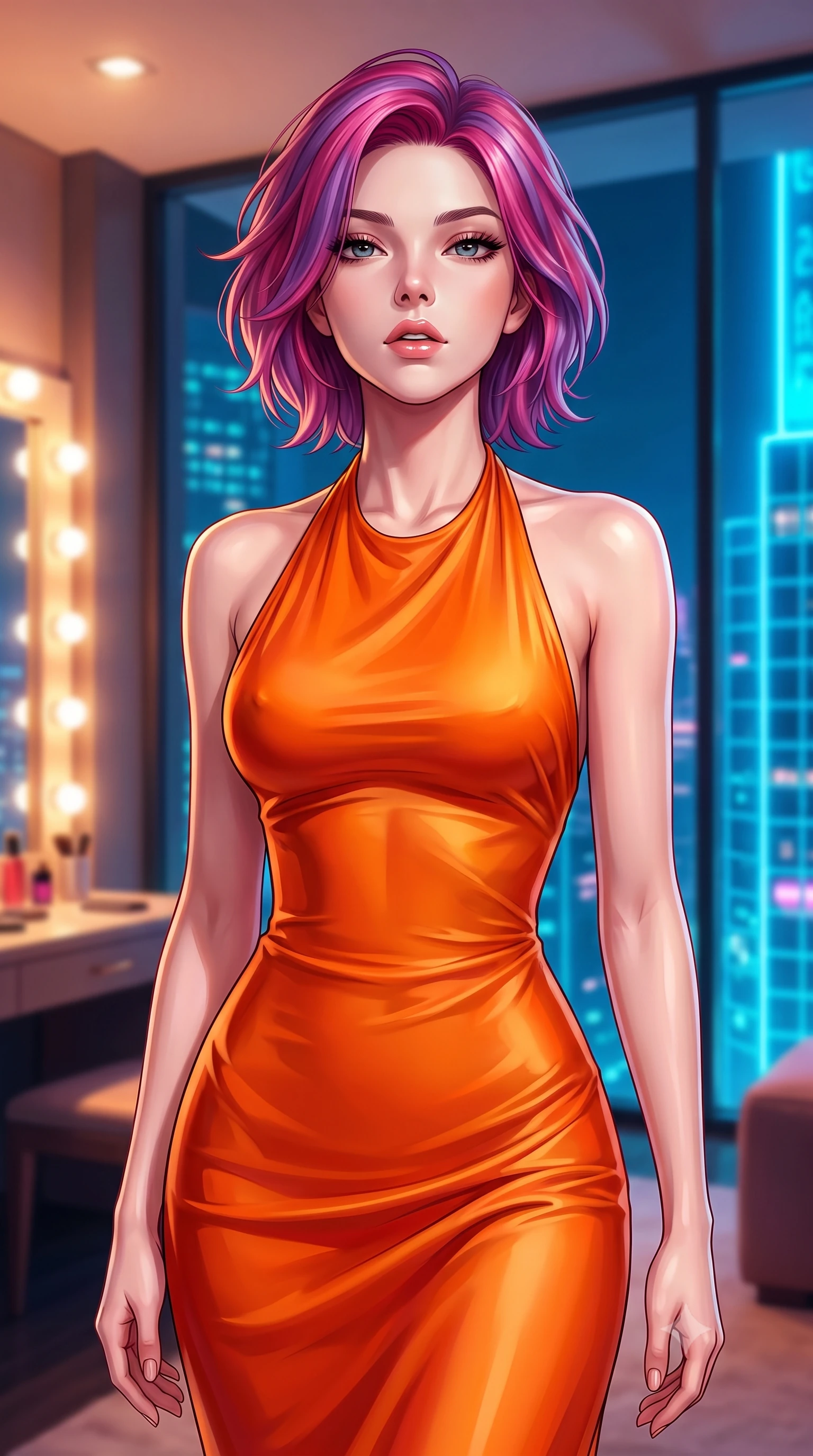 score_9, masterpiece, best quality, ultra-detailed, high-budget anime keyframe, editorial fashion photography, tasteful artistic composition, Caucasian woman. close-up cowboy shot from the waist and thighs up, the character dominates the composition, filling the frame with her large presence, background elements kept in soft focus. tilting her chin up slightly with lips parted in a composed, provocative expression the background shows a soft-focus a private penthouse dressing suite with floor-to-ceiling glass looking over neon towers. She has an exceptionally elegant, slender, and willowy female figure with an ultra-slim waist, a gracefully sculpted slender torso, and a refined silhouette. sharp v-shaped jawline, high-bridge nose, intricate jewel-like eyes with depth, thick eyelashes, glossy lips with a natural sheen. wearing a tailored form-fitting liquid silk halter-neck maxi dress in sunset orange, draped elegantly to highlight her slender frame. warm interior vanity light contrasting with the neon blue city grid outside. highly saturated vibrant anime colors, detailed shading with soft gradients, rich glossy textures, high-contrast stereoscopic depth, volumetric dynamic lighting, master piece, 9:16 ratio