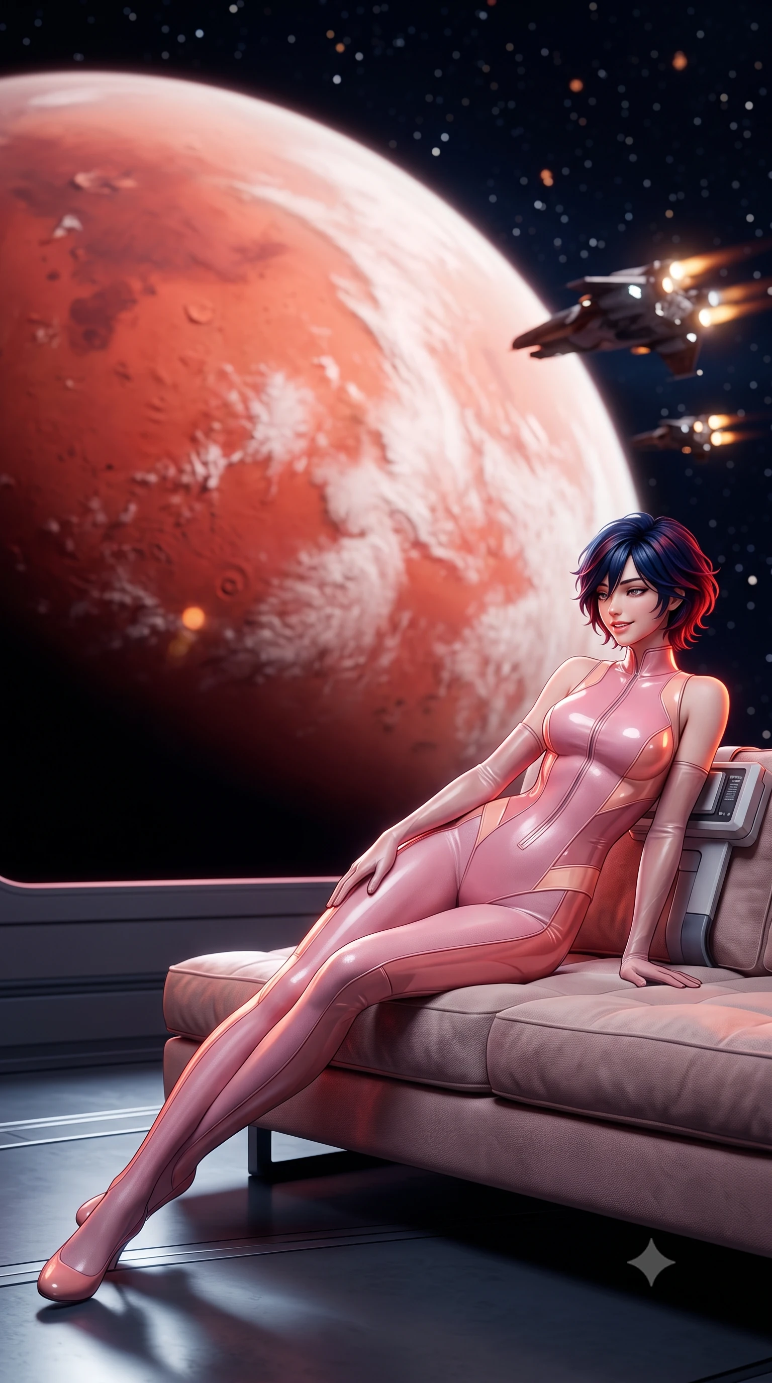 score_9, masterpiece, best quality, ultra-detailed, high-budget anime keyframe, semi-realistic 3D game render, editorial fashion photography, tasteful artistic composition, Korean woman. low angle full-body shot from head to toe showing her feet, filling the entire 9:16 vertical frame with her statuesque presence, stretching her vertical silhouette. reclining gracefully across the plush chaise lounge with one leg extended, her sculpted silhouette and flat midriff radiating magnetic nocturnal glamour while leaning against the magnetic tether station with hips cocked back, looking through the vacuum seal field at approaching combat shuttles with heavy-lidded bedroom-eyes. The background shows a soft-focus gigantic curved red-and-white globe of Mars filling the view, countless stars in the black vacuum, and docking shuttle thrusters blurred into rust, white, and topaz bokeh. She has an exceptionally tall and slender model-like 8.5-heads proportion, an ultra-slim waist, a flat toned midriff, narrow delicate ribcage, and beautifully sculpted feminine hips creating a graceful, slim hourglass silhouette without any bulky heaviness, with impossibly long slender legs. sharp v-shaped jawline, high-bridge nose, intricate jewel-like sparkling eyes with depth, thick eyelashes, glossy parted lips with a natural peach sheen, bright cheerful beaming smile with an enchanting and coquettish sensual glint, exuding both youthful cute charm and seductive allure, flawlessly proportioned anatomical accuracy, strict slender model proportions, natural body alignment, perfectly sculpted long slender limbs, ultra-slim waistline, clean dynamic posture without body distortion. wearing a sleek second-skin cyber-pilot bodysuit with high-gloss patent leather panels accentuating her ultra-slim waistline in Solaris liquid rose-quartz and alien peach, crafted from bespoke double-faced cashmere with an exceptionally soft tactile finish, complemented by sheer opera-length evening gloves tracing her slender arms, the form-contouring silhouette accentuating her sculpted flat midriff, narrow delicate ribcage, and gracefully curvy hips with intoxicating allure. illuminated by titanium floor reflection bounce and sharp Mars-red rim lights defining her jawline, narrow waist, and curvy hips. highly saturated vibrant anime colors, detailed shading with soft gradients, rich glossy textures, high-contrast stereoscopic depth, volumetric dynamic lighting, master piece, 9:16 ratio