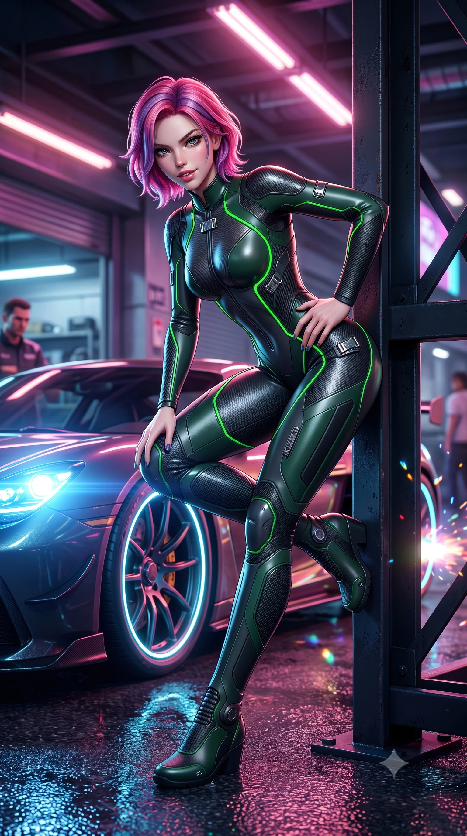 score_9, masterpiece, best quality, ultra-detailed, high-budget anime keyframe, semi-realistic 3D game render, editorial fashion photography, tasteful artistic composition, Caucasian woman. low angle full-body shot from head to toe showing her feet, filling the entire 9:16 vertical frame with her statuesque presence, stretching her vertical silhouette. leaning deep against the structural architecture with hips cocked in an unapologetically bold, seductive high-fashion stance while crouching low beside a glowing neon wheel rim, one hand resting on her thigh, casting an intense, electrifying smirk. The composition keeps background elements in soft focus with creamy bokeh. rain-slicked asphalt reflections and turbo exhaust sparks scattering vivid chromatic light motes. She has an absolutely perfect, statuesque 8.5-heads proportion, an exceptionally tall and slender model-like female figure with impossibly long slender legs, a toned flat midriff, and an ultra-slim waist. sharp v-shaped jawline, high-bridge nose, intricate jewel-like eyes with depth, thick eyelashes, glossy parted lips with a natural sheen, intensely captivating and seductive expression, flawlessly proportioned anatomical accuracy, strict slender model proportions, natural body alignment, perfectly sculpted long slender limbs, ultra-slim waistline, clean dynamic posture without body distortion. wearing a second-skin motocore bodysuit with bold racing stripes and ergonomic aerodynamic knee-high boots in dark carbon grey and laser green accents, formed from ultra-sleek carbon-fiber reinforced composite with specular sheen, finished with quick-release titanium buckles and neon-reflective piping, the liquid-tight tailored fabric emphasizing every curve of her tall, slender model proportions and sculptured silhouette. bathed in high-intensity xenon hypercar headlights and neon pitlane floodlights. highly saturated vibrant anime colors, detailed shading with soft gradients, rich glossy textures, high-contrast stereoscopic depth, volumetric dynamic lighting, master piece, 9:16 ratio
