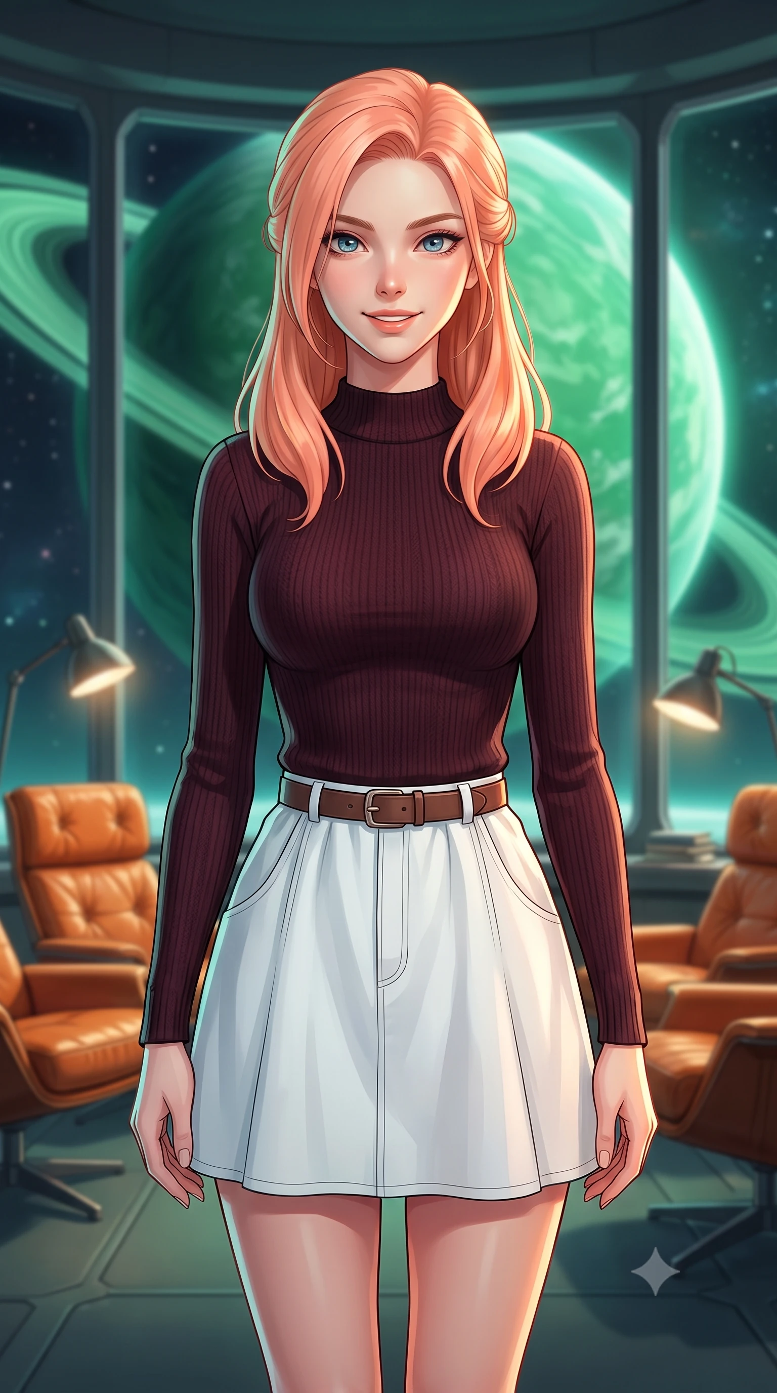 score_9, masterpiece, best quality, ultra-detailed, high-budget anime keyframe, editorial fashion photography, tasteful artistic composition, Japanese woman. close-up cowboy shot from the waist and thighs up, the character dominates the composition, filling the frame with her large presence, background elements kept in soft focus. Gazing ahead with a happy, optimistic expression and a gentle smile. set against a soft-focus background of in a futuristic spaceship observation lounge with classic orange leather lounge chairs, looking through panoramic windows at a giant green ringed planet. She has an exceptionally elegant, slender, and willowy female figure with a highly-defined ultra-slim waist, a gracefully sculpted slender torso, and a refined slim-fit silhouette that contours her form. sharp v-shaped jawline, high-bridge nose, intricate jewel-like eyes with depth, thick eyelashes, glossy lips with a natural sheen. wearing a form-fitting dark burgundy knit sweater with a relaxed fit, paired with a white cotton poplin skirt and a leather belt. cool emerald light reflecting from the ringed planet outside, mixed with warm ambient reading lamps inside the solarium. 2k, ultra detail, master piece, 9:16 ratio