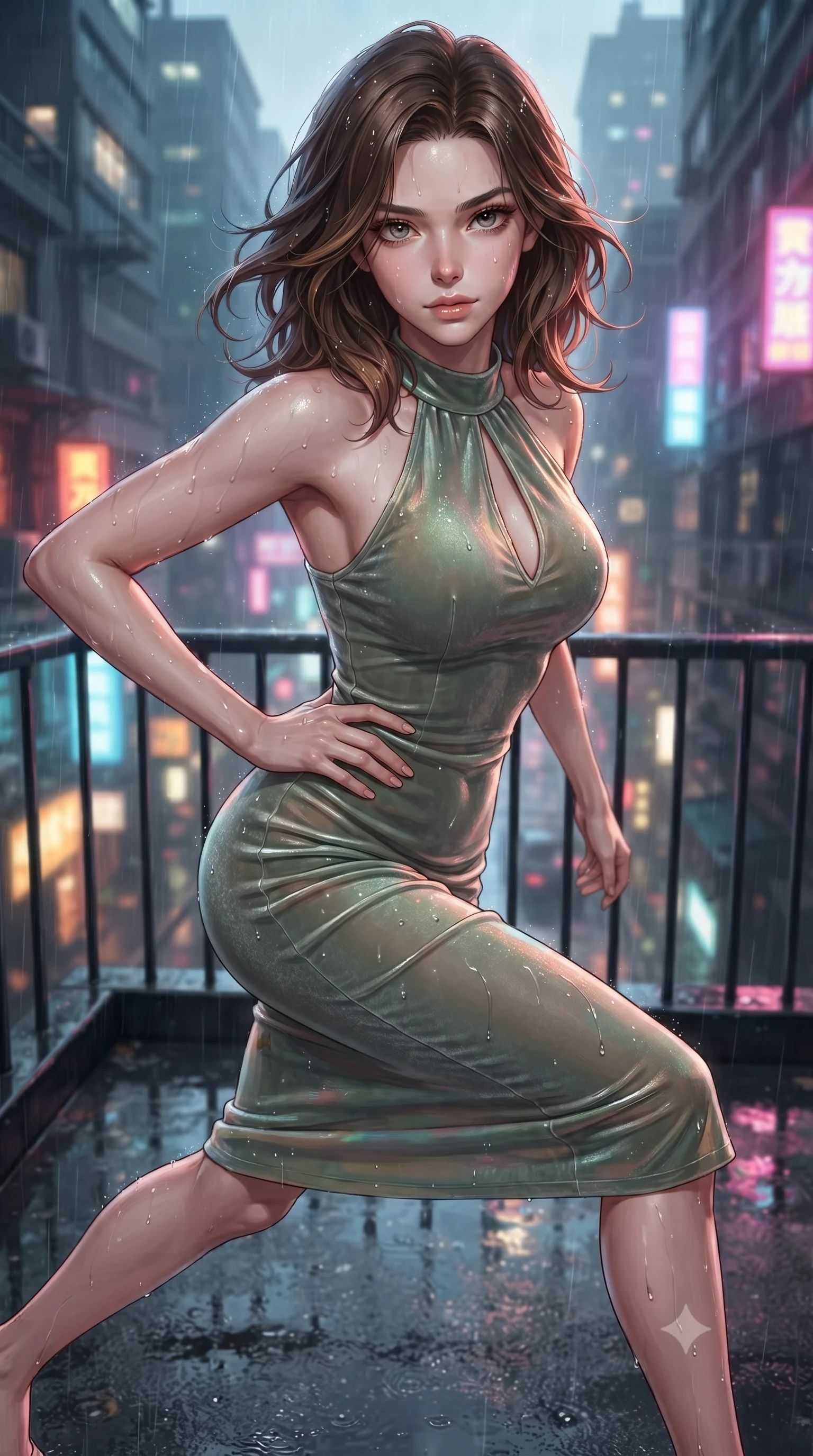 score_9, masterpiece, best quality, ultra-detailed, high-budget anime keyframe, editorial fashion photography, tasteful artistic composition, Korean woman. close-up cowboy shot from the waist and thighs up, the character dominates the composition, filling the frame with her large presence, background elements kept in soft focus. Holding a powerful dynamic pose with one hand on her hip and body angled dramatically toward the key light while leaping across a rain-slicked balcony as wet asphalt below reflects city lights, rain droplets glistening on skin and clothing with colorful neon reflections. She has an exceptionally elegant, slender, and willowy female figure with an ultra-slim waist, a gracefully sculpted slender torso, and a refined silhouette. sharp v-shaped jawline, high-bridge nose, intricate jewel-like eyes with depth, thick eyelashes, glossy lips with a natural sheen, flawlessly proportioned anatomical accuracy, natural body alignment, perfectly sculpted elegant limbs, clean dynamic posture without body distortion. wearing a velvet halter-neck midi dress following her form like a glove in sage green and oatmeal, crafted from iridescent chiffon that shifts colors in the light, accented with a Tasteful chest slit framing her clavicle gracefully, the form-contouring material highlighting her ultra-slim waist and long lines. surrounded by a vibrant, atmospheric city glow with glistening raindrops. ultra-reflective glossy finish, specular highlights, metallic sheen, high-contrast stereoscopic depth, volumetric dynamic lighting, 2k, ultra detail, master piece, 9:16 ratio