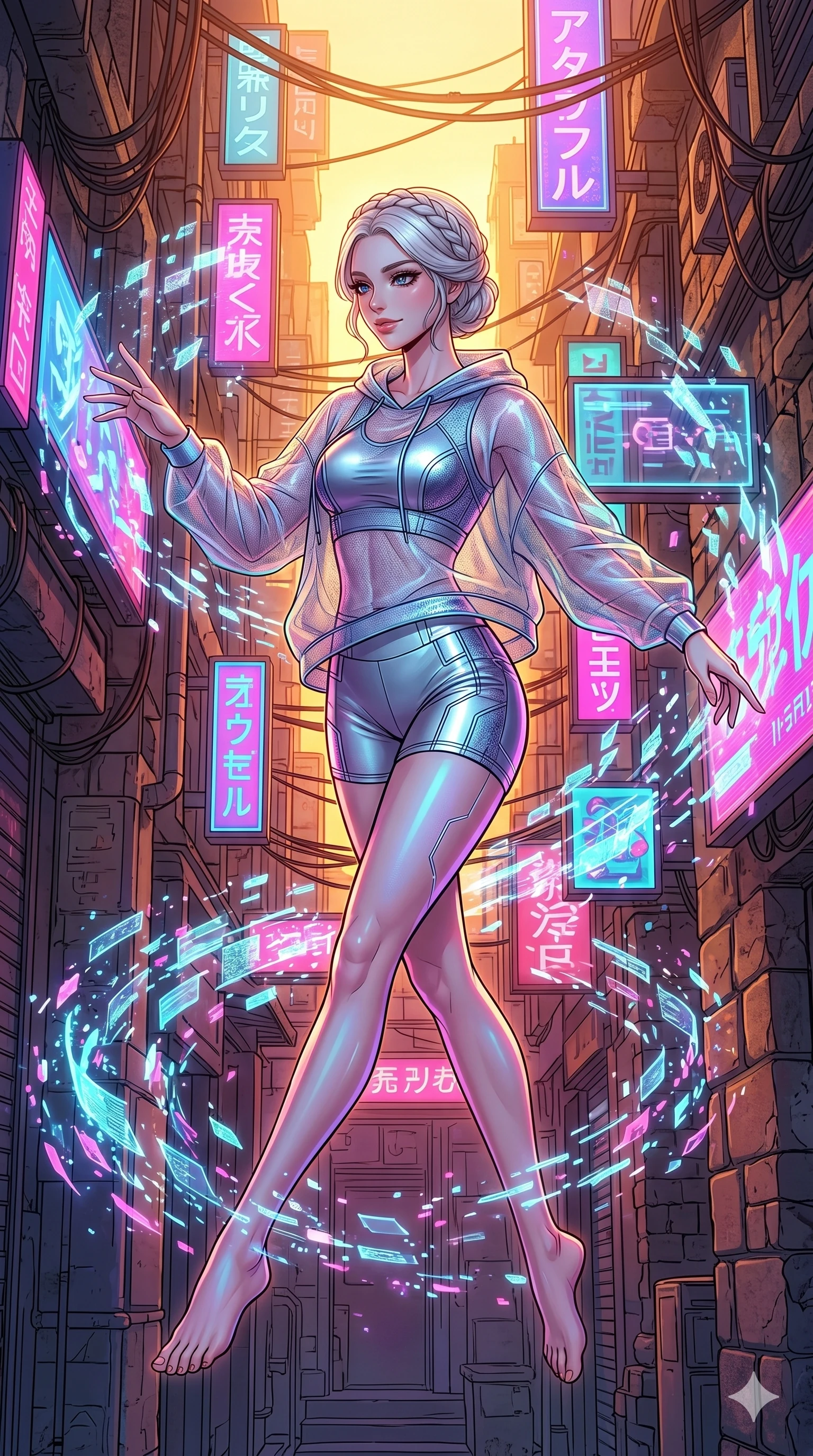 score_9, masterpiece, best quality, ultra-detailed, high-budget anime movie keyframe, cinematic anime lighting, intricate line art, Japanese woman. Medium shot of upper body capturing the intricate details of her high-fashion attire. dancing with data-shards in a neon-lit cyberpunk alleyway during a golden sunset. She has an absolutely perfect 8-heads proportion, an exceptionally tall and slender female figure with an ultra-slim waist and impossibly long slender legs. sharp v-shaped jawline, high-bridge nose, intricate jewel-like eyes, thick eyelashes, glossy lips. Wearing premium athleisure set with a metallic-finish compression top, high-cut yoga shorts that accentuate her long legs, and a sheer oversized hoodie. The scene is illuminated by dramatic atmospheric lighting and vibrant color palettes. , 2k, ultra detail, master piece, 9:16 ratio
