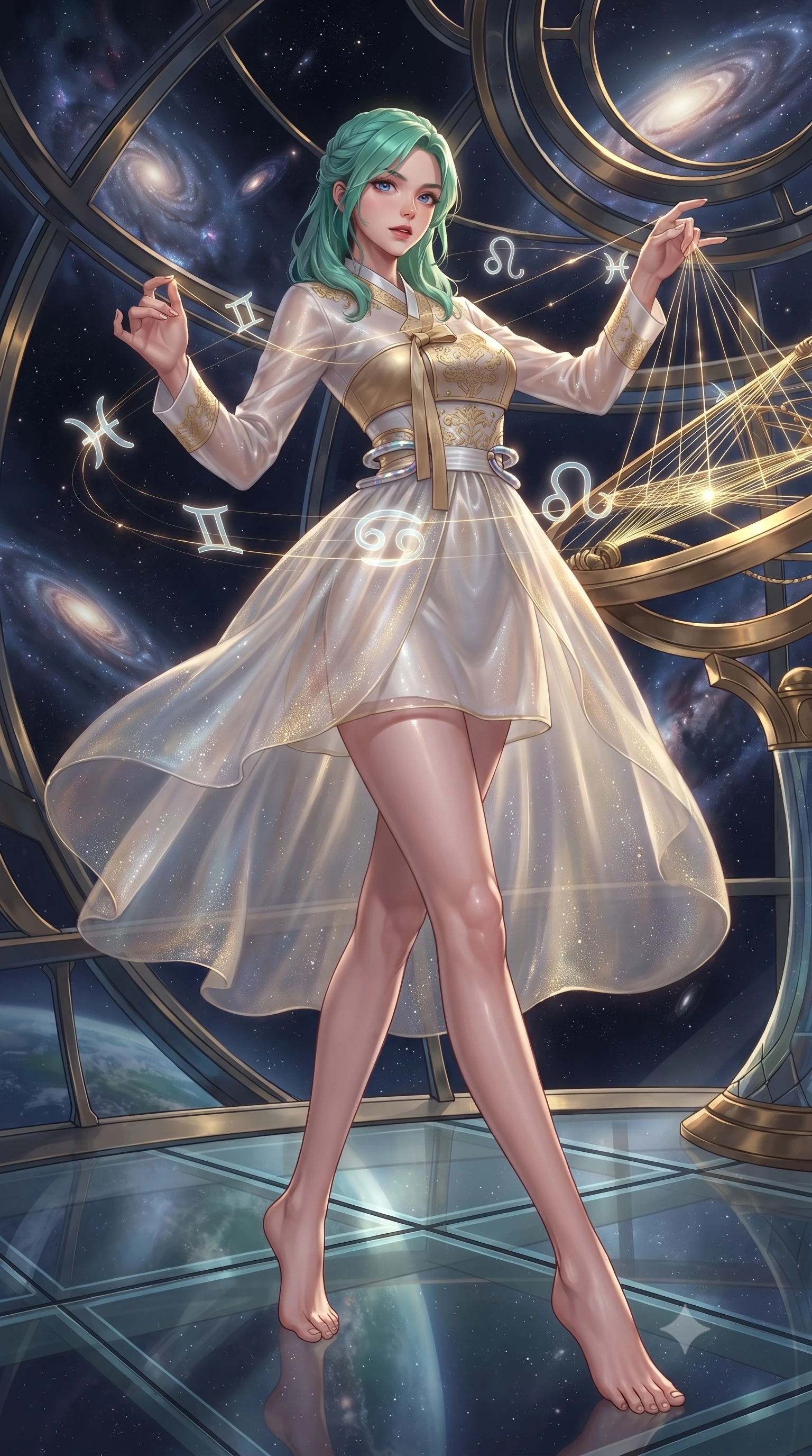 score_9, masterpiece, best quality, ultra-detailed, high-budget anime keyframe, editorial fashion photography, tasteful artistic composition, Japanese woman. low angle full-body shot from head to toe showing her feet, filling the entire 9:16 vertical frame with her statuesque presence, stretching her vertical silhouette. interacting with floating opal particles, her long slender legs poised in motion, inside a floating cosmic observatory threading brilliant starlight threads through a golden celestial loom, translucent zodiac glyphs orbiting her delicate fingertips. She has an absolutely perfect, statuesque 8.5-heads proportion, an exceptionally tall and slender model-like female figure with impossibly long slender legs and an ultra-slim waist. sharp v-shaped jawline, high-bridge nose, intricate jewel-like eyes with depth, thick eyelashes, glossy lips with a natural sheen. wearing modern fusion white hanbok dress with structured gold-embroidered bodice in champagne gold, made of sheer opal chiffon overlay, accented with sculpted opal chrome rings at the waist, highlighting her statuesque proportions and ultra-slim waistline. lit by sharp golden key rays contrasting against cosmic shadows. ultra-reflective glossy finish, specular highlights, metallic sheen, high-contrast stereoscopic depth, volumetric dynamic lighting, 2k, ultra detail, master piece, 9:16 ratio