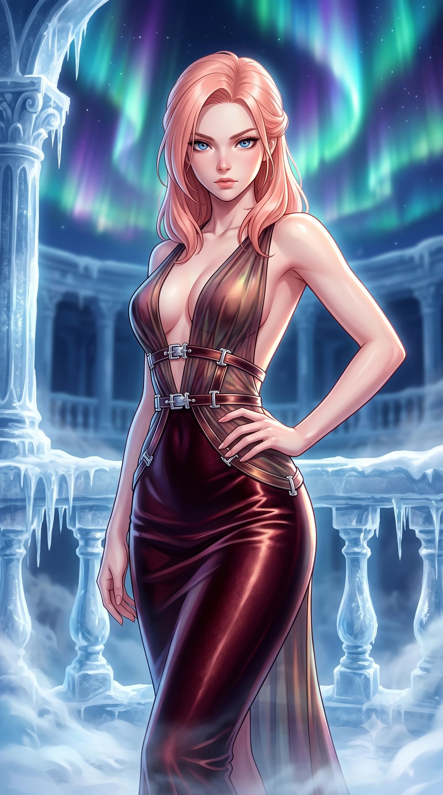 score_9, masterpiece, best quality, ultra-detailed, high-budget anime keyframe, editorial fashion photography, tasteful artistic composition, Japanese woman. close-up cowboy shot from the waist and thighs up, the character dominates the composition, filling the frame with her large presence, background elements kept in soft focus. Holding a powerful dynamic pose with one hand on her hip and body angled dramatically toward the key light while standing dynamically on an ice-carved opera balcony under a soaring polar aurora sky, sub-zero mist swirling gently around her long slender legs and athletic build. She has an exceptionally elegant, slender, and willowy female figure with an ultra-slim waist, a gracefully sculpted slender torso, and a refined silhouette. sharp v-shaped jawline, high-bridge nose, intricate jewel-like eyes with depth, thick eyelashes, glossy lips with a natural sheen, flawlessly proportioned anatomical accuracy, natural body alignment, perfectly sculpted elegant limbs, clean dynamic posture without body distortion. wearing a translucent iridescent chiffon gown with a plunging neckline and open back in deep burgundy and bronze, made of premium stretch velvet with a rich sheen, detailed with polished silver buckles along the waistline, the sleek second-skin texture accentuating her magnetic presence. surrounded by a high-contrast icy luminescence and deep velvet shadows. highly saturated vibrant anime colors, detailed shading with soft gradients, rich glossy textures, high-contrast stereoscopic depth, volumetric dynamic lighting, master piece, 9:16 ratio