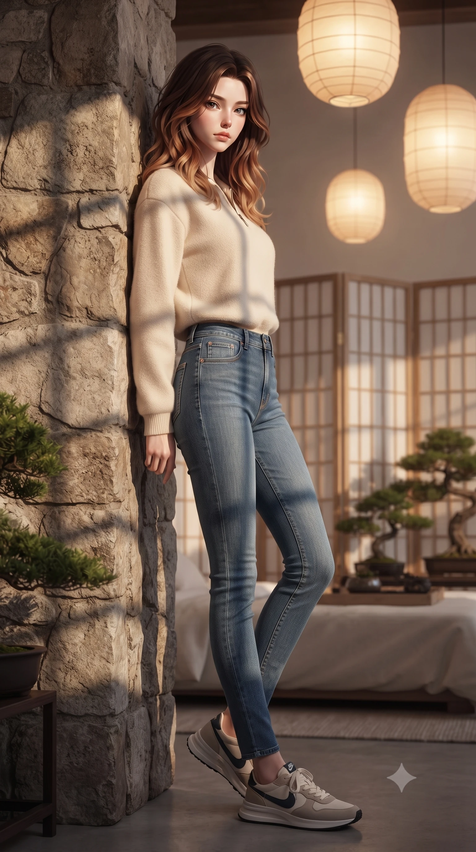 score_9, masterpiece, best quality, ultra-detailed, high-budget anime keyframe, editorial fashion photography, tasteful artistic composition, Korean woman woman. low angle full-body shot from head to toe showing her feet, filling the entire 9:16 vertical frame with her statuesque presence, stretching her vertical silhouette. leaning back against a rustic stone wall, casting a slow, alluring gaze at the camera the background shows a soft-focus a modern bedroom decorated with folding paper screens and bonsai plants. She has an absolutely perfect, statuesque 8.5-heads proportion, an exceptionally tall and slender model-like female figure with impossibly long slender legs and an ultra-slim waist. sharp v-shaped jawline, high-bridge nose, intricate jewel-like eyes with depth, thick eyelashes, glossy lips with a natural sheen. wearing a tailored comfortable cream fleece sweater over blue denim jeans. warm glowing paper lanterns casting soft, diffused grid-like shadow lines. ultra-reflective glossy finish, specular highlights, metallic sheen, high-contrast stereoscopic depth, volumetric dynamic lighting, 2k, ultra detail, master piece, 9:16 ratio