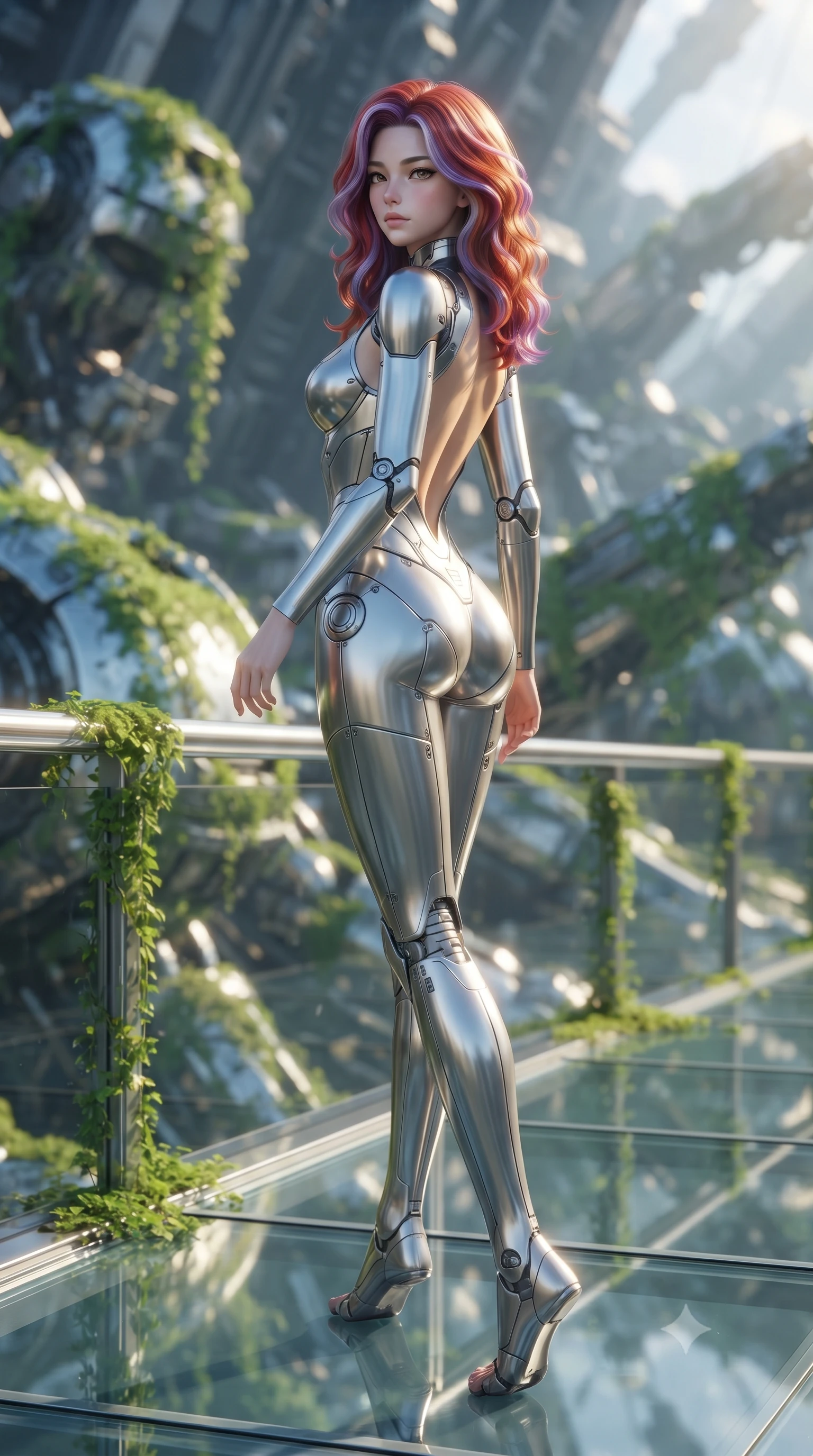 score_9, masterpiece, best quality, ultra-detailed, high-budget anime keyframe, editorial fashion photography, tasteful artistic composition, Caucasian woman. low angle full-body shot from head to toe showing her feet, filling the entire 9:16 vertical frame with her statuesque presence, stretching her vertical silhouette. walking slowly along a glass skybridge, looking back over her shoulder with an air of effortless grace, the background shows a soft-focus a starship mechanical arm graveyard where green vines climb on chrome plating. She has an absolutely perfect, statuesque 8.5-heads proportion, an exceptionally tall and slender model-like female figure with impossibly long slender legs and an ultra-slim waist. sharp v-shaped jawline, high-bridge nose, intricate jewel-like eyes with depth, thick eyelashes, glossy lips with a natural sheen. wearing a slim-fit backless combat bodysuit in metallic silver, featuring a plunging keyhole cutout and low-cut back. soft green moss glow refracting on chrome plating under golden afternoon sunbeams. ultra-reflective glossy finish, specular highlights, metallic sheen, high-contrast stereoscopic depth, volumetric dynamic lighting, 2k, ultra detail, master piece, 9:16 ratio