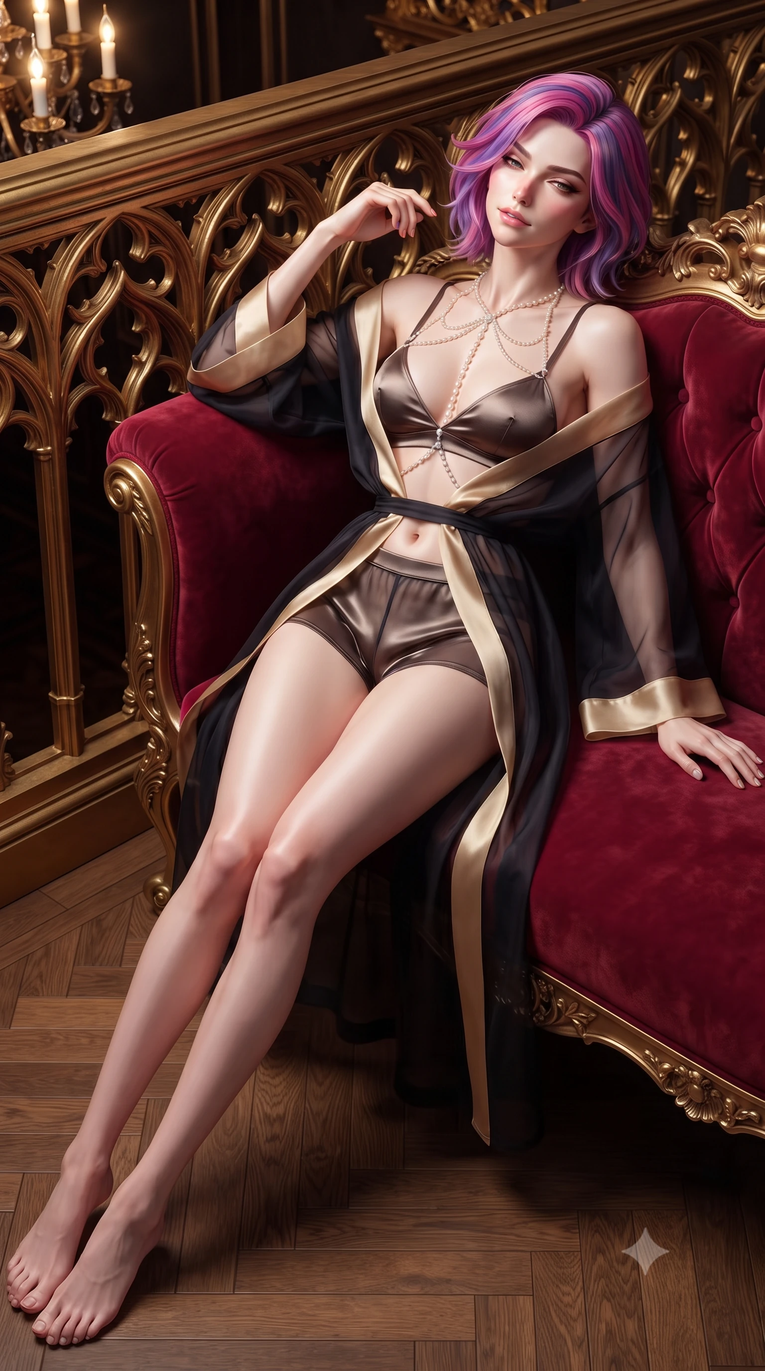 score_9, masterpiece, best quality, ultra-detailed, high-budget anime keyframe, editorial fashion photography, tasteful artistic composition, Caucasian woman. close-up cowboy shot from the waist and thighs up, the character dominates the composition, filling the frame with her large presence. leaning back against the balustrade with relaxed seductive grace, head tilted back slightly while casting a hypnotic, heavy-lidded gaze while lounging gracefully across the crimson velvet royal throne settee propped on one elbow with legs extended, displaying her long slender limbs and statuesque hourglass silhouette. The surrounding environment is rendered in vivid detail and crisp panoramic clarity: sharp hand-carved gilded gothic leaf tracery, chevron oak parquet wood grain, and brass chandelier candle sockets in deep focus. She has an exceptionally elegant, slender, and willowy female figure with an ultra-slim waist, flat toned midriff, narrow ribcage, and sculpted feminine hips creating an alluring, slim hourglass silhouette without bulk. sharp v-shaped jawline, high-bridge nose, intricate jewel-like sparkling eyes with depth, thick eyelashes, glossy parted lips with a natural peach sheen, bright cheerful beaming smile with an enchanting and coquettish sensual glint, exuding both youthful cute charm and seductive allure, flawlessly proportioned anatomical accuracy, strict slender model proportions, natural body alignment, perfectly sculpted long slender limbs, ultra-slim waistline, clean dynamic posture without body distortion. wearing a sheer silk organza modern kimono robe worn loose and slipping off bare shoulders over a matching satin bralette and micro-shorts in deep midnight obsidian black and champagne gold, crafted from translucent silk organza with an ethereal crystalline sheen, accented with a pearl-drop body harness subtly framing her dewy collarbones and spine, the liquid-tight tailored fabric clinging flawlessly to her narrow waist and rounded feminine hips, emphasizing every millimeter of her sculpted slim hourglass curves without any bulky heaviness. illuminated by parquet reflection bounce and sharp imperial-gold rim lights defining her razor-sharp jawline, narrow waist, and curvy hips. ultra-reflective glossy finish, specular highlights, rich textural contrasts, high-contrast stereoscopic depth, volumetric dynamic lighting, 2k, ultra detail, master piece, 9:16 ratio