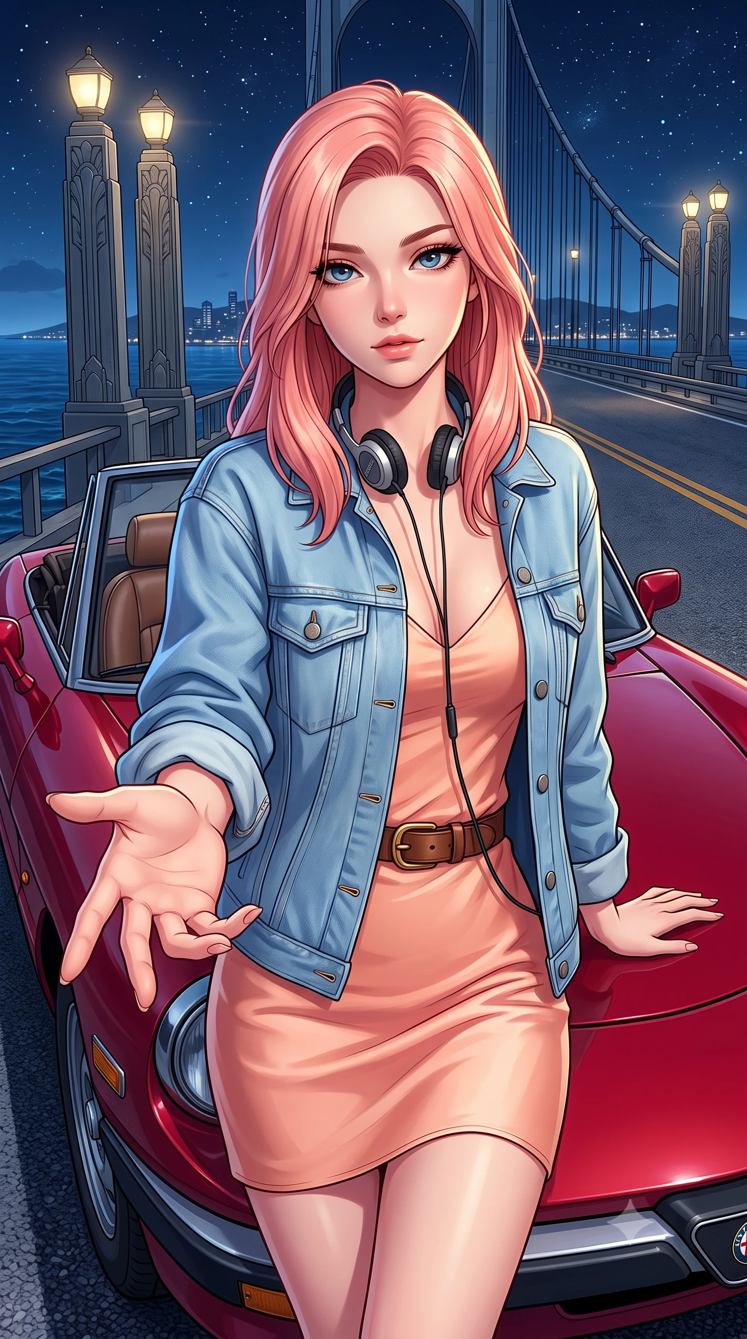 score_9, masterpiece, best quality, ultra-detailed, high-budget anime keyframe, semi-realistic 3D game render, editorial fashion photography, tasteful artistic composition, Japanese woman. close-up cowboy shot from the waist and thighs up, the character dominates the composition, filling the frame with her large presence. extending one slender arm gracefully toward the foreground while casting an affectionate, mesmerizing glance while leaning against the hood of a cherry-red vintage 1980s convertible parked on a coastal suspension bridge at midnight. The surrounding environment is rendered in vivid detail and crisp panoramic clarity. detailed ocean water surface textures, art-deco lamp post reliefs, and asphalt grain in high resolution. She has an exceptionally elegant, slender, and willowy female figure with an ultra-slim waist, a gracefully sculpted slender torso, toned flat midriff, and a refined slim silhouette. sharp v-shaped jawline, high-bridge nose, intricate jewel-like eyes with depth, thick eyelashes, glossy lips with a natural sheen, captivating and magnetic expression, flawlessly proportioned anatomical accuracy, strict slender model proportions, natural body alignment, perfectly sculpted long slender limbs, ultra-slim waistline, clean dynamic posture without body distortion. wearing a romantic 90s silk satin slip dress layered under an unbuttoned vintage oversized denim jacket in soft peach and French sky blue, crafted from ultra-soft brushed fleece and vintage-washed jersey, accessorized with a classic leather belt with brass buckle and retro on-ear foam headphones, the precision-cut daring openings accentuating her delicate midriff, graceful bare collarbones, and ultra-slim feminine waistline. surrounded by a free-spirited, glamorous, and wonderfully nostalgic midnight road-trip queen aura. highly saturated vibrant anime colors, detailed shading with soft gradients, rich glossy textures, high-contrast stereoscopic depth, volumetric dynamic lighting, master piece, 9:16 ratio