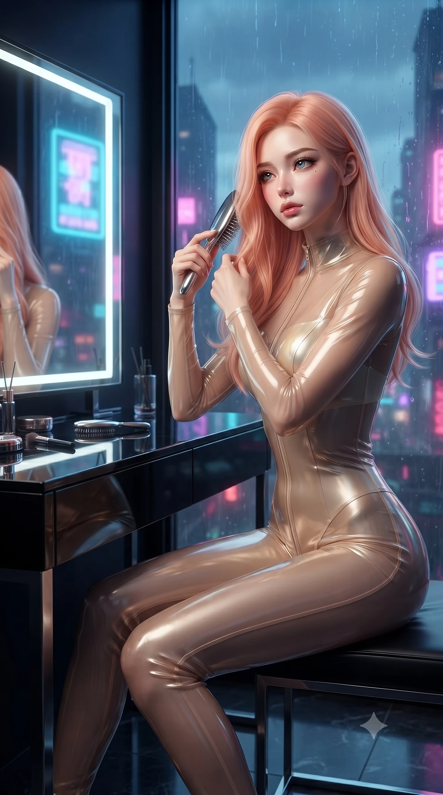score_9, masterpiece, best quality, ultra-detailed, High-budget Anime Keyframe, editorial fashion photography, tasteful artistic composition, realistic cosplay photography, East Asian woman. Low angle cowboy shot filling the entire 9:16 frame with her statuesque presence. Scenario 408: brushing her hair while seated before a vanity of black glass in a glowing neon window at twilight with soft rain falling. Her presence is magnetic and overpowering in this high-budget cinematic scene. Outfit 408: a slim-fit champagne gold translucent PVC catsuit with sheer sleeves and opaque panels. The clothing is designed to emphasize her exceptionally tall and slender 8-heads proportion. 8-heads proportion, towering silhouette, ultra-slim waist. sharp v-shaped jawline, intricate jewel-like eyes with depth, thick eyelashes, glossy lips. ultra-reflective glossy finish, specular highlights, metallic sheen, high-contrast stereoscopic depth, volumetric dynamic lighting, 2k, ultra detail, master piece, 9:16 ratio