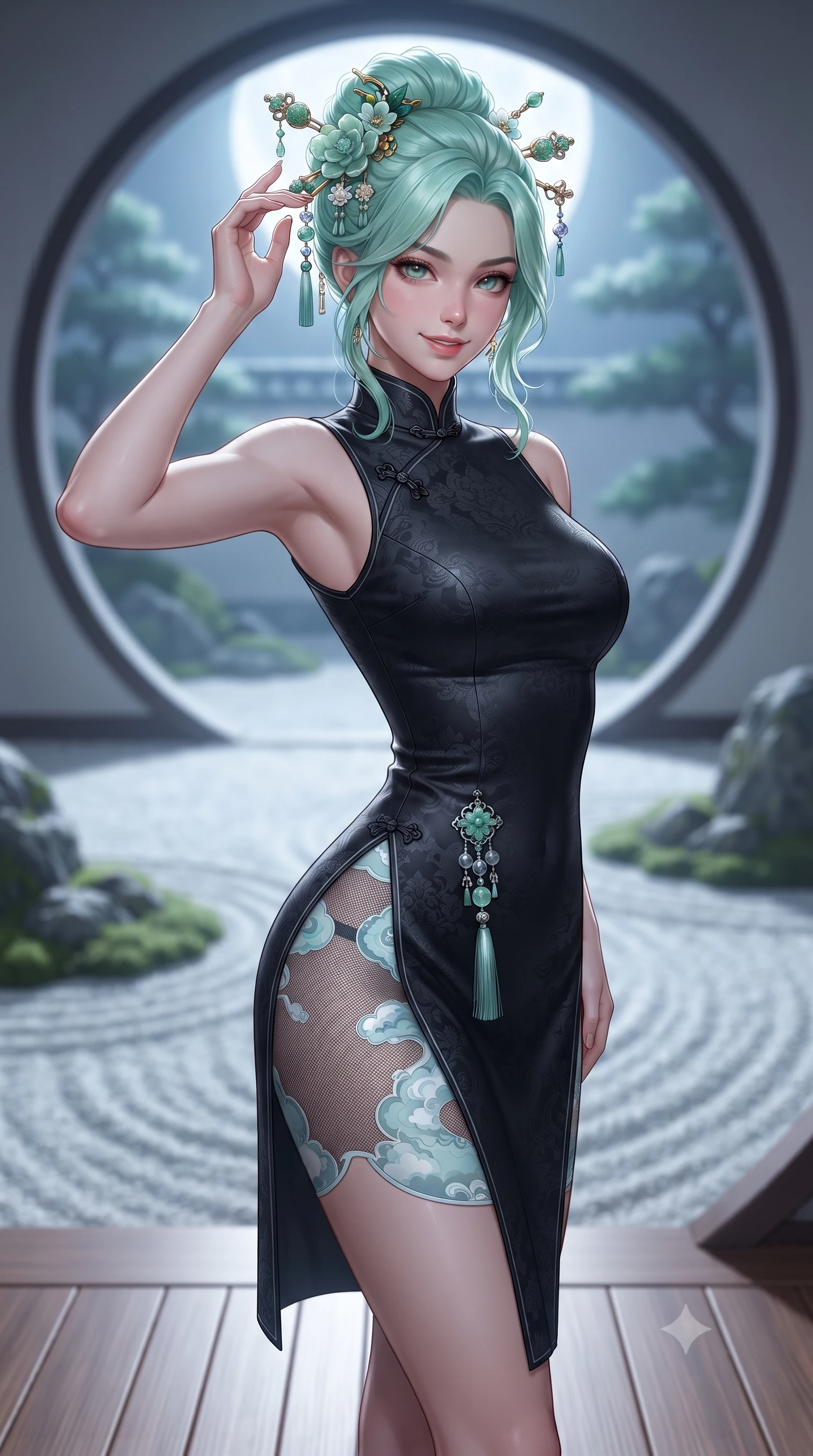 score_9, masterpiece, best quality, ultra-detailed, high-budget anime keyframe, editorial fashion photography, tasteful artistic composition, Japanese woman. close-up cowboy shot from the waist and thighs up, the character dominates the composition, filling the frame with her large presence. tilting her head with an alluring smile while arching her spine with dancer poise, one hand touching her ornate jade hairpin in a flirtatious S-curve while twisting her slender torso in an alluring contrapposto stance on the polished cedar engawa veranda, moonbeams tracing her narrow waist and hips. The background shows a soft-focus carefully raked white gravel wave patterns and moss-covered rock arrangements blurred into silver white, moss green, and slate bokeh. She has an exceptionally elegant, slender, and willowy female figure with an ultra-slim waist, flat toned midriff, narrow ribcage, and sculpted feminine hips creating an alluring, slim hourglass silhouette without bulk. sharp v-shaped jawline, high-bridge nose, intricate jewel-like dark sparkling almond eyes with depth, thick lashes, glossy parted lips with a natural rose-plum sheen, bright alluring and coquettish smile with bedroom-eyes, exuding both timeless oriental elegance and sovereign high-fashion allure, flawlessly proportioned anatomical accuracy, strict slender model proportions, natural body alignment, perfectly sculpted long slender limbs, ultra-slim waistline, clean dynamic posture without body distortion. wearing a form-contouring high-neck modern cheongsam mini dress in midnight black jacquard silk with daring double side hip slits in pure celadon porcelain blue and cloud white, made of sheer technical micro-mesh with contouring shadow effects, finished with an ornate modern norigae tassel with polished jade and chrome charms resting on her curvy hips, the glove-like silhouette tightly following the natural contour of her hips and long slender legs with youthful 8.5-heads elegance. bathed in pristine silver moonlight pouring through the circular moon-gate aperture. ultra-reflective glossy finish, specular highlights, rich textural contrasts, high-contrast stereoscopic depth, volumetric dynamic lighting, 2k, ultra detail, master piece, 9:16 ratio