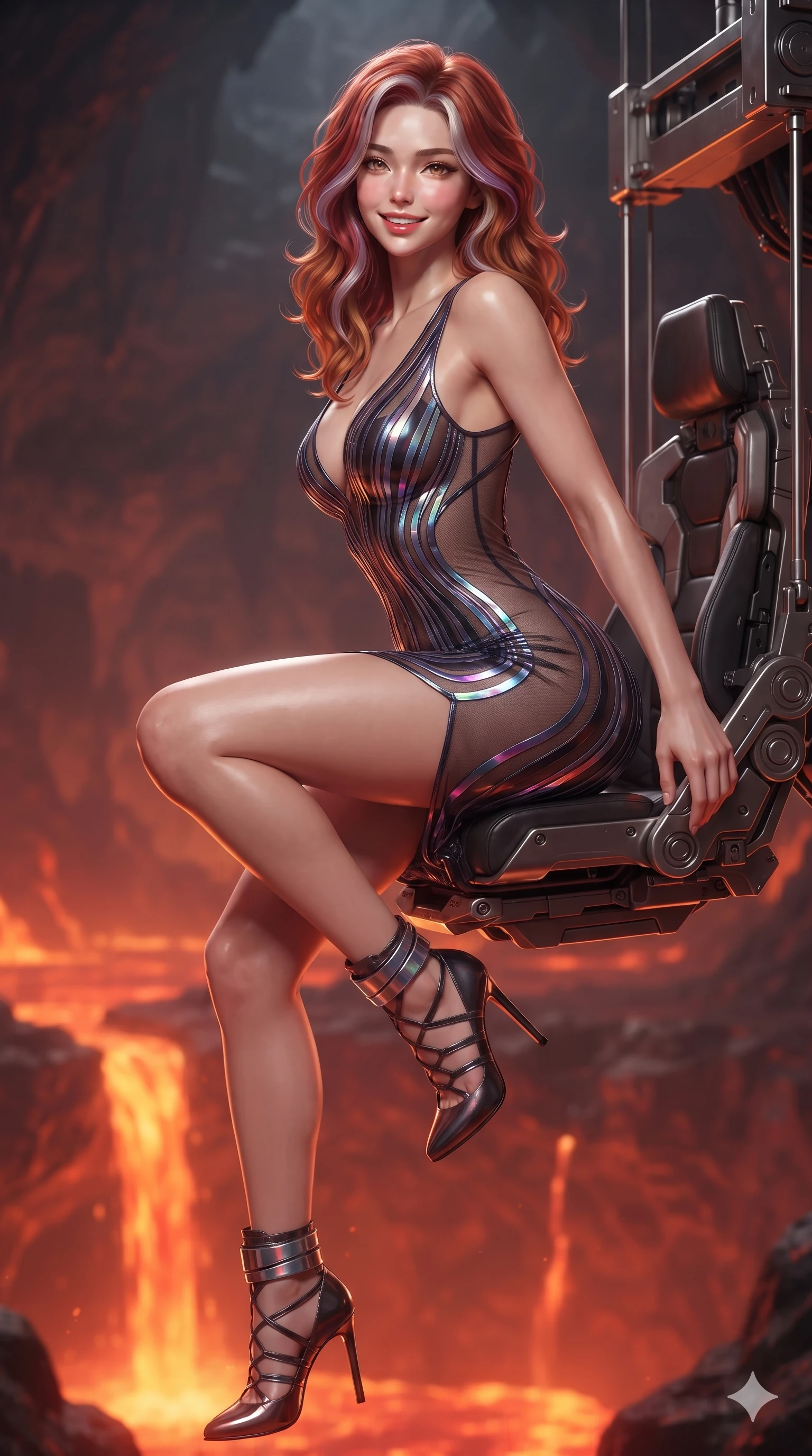 score_9, masterpiece, best quality, ultra-detailed, high-budget anime keyframe, editorial fashion photography, tasteful artistic composition, Caucasian woman. close-up cowboy shot from the waist and thighs up, the character dominates the composition, filling the frame with her large presence. perched sideways on the pilot seat, one knee drawn up to showcase her slender leg line while her arched back accentuates her feminine hip curve while standing poised on the suspended titanium gantry high above a subterranean lava river, arching her back with sovereign grace as liquid magma cascades into the void below. The background shows a soft-focus dense volcanic cavern atmosphere softened in subterranean lava gantry shallow focus. She has an exceptionally elegant, slender, and willowy female figure with an ultra-slim waist, flat toned midriff, narrow ribcage, and sculpted feminine hips creating an alluring, slim hourglass silhouette without bulk. sharp v-shaped jawline, high-bridge nose, intricate jewel-like sparkling eyes with depth, thick eyelashes, glossy parted lips with a natural sheen, bright confident smile with an enchanting and coquettish sensual glint, exuding both youthful magnetic charm and sovereign high-tech allure, flawlessly proportioned anatomical accuracy, strict slender model proportions, natural body alignment, perfectly sculpted long slender limbs, ultra-slim waistline, clean dynamic posture without body distortion. wearing a plunge-front sheer illusion technical mesh slip dress with liquid platinum ribbon stripes hugging her curves in iridescent dark chrome and holographic violet, featuring strategic sheer-illusion tulle side panels framing her ribcage and hips, complemented by strappy stiletto combat boots with metallic ankle wraps accentuating her slender calves, the form-contouring cut accentuating her sculpted flat midriff, narrow delicate ribcage, and gracefully curvy hips with cybernetic supermodel precision. illuminated by magma surface bounce and sharp crimson-gold rim lights defining her razor-sharp jawline, narrow waist, and curvy hips. ultra-reflective glossy finish, specular highlights, rich textural contrasts, high-contrast stereoscopic depth, volumetric dynamic lighting, 2k, ultra detail, master piece, 9:16 ratio