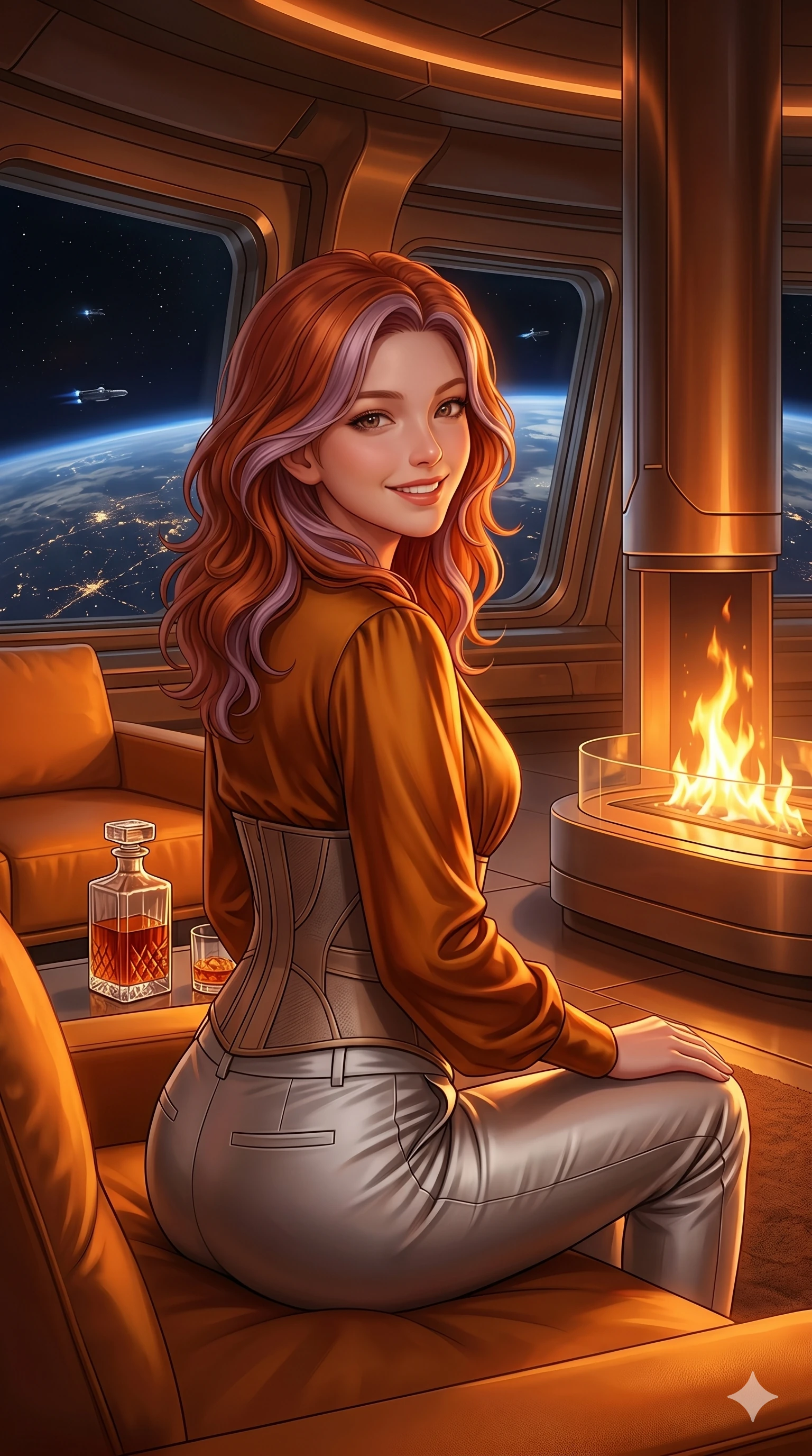 score_9, masterpiece, best quality, ultra-detailed, high-budget anime keyframe, Caucasian woman, strictly human ears. Upper body close-up from the thighs up, character filling the screen for maximum presence. Inside an orbital luxury lounge, next to a fireplace, sitting on a modern sofa, looking back with a warm, welcoming smile. She is wearing a luxurious silk-like wrap top, structured bodice, and silver trousers. The scene is bathed in the warm orange glow of the fire and soft amber ambient lights. 2k, ultra detail, master piece, 9:16 ratio