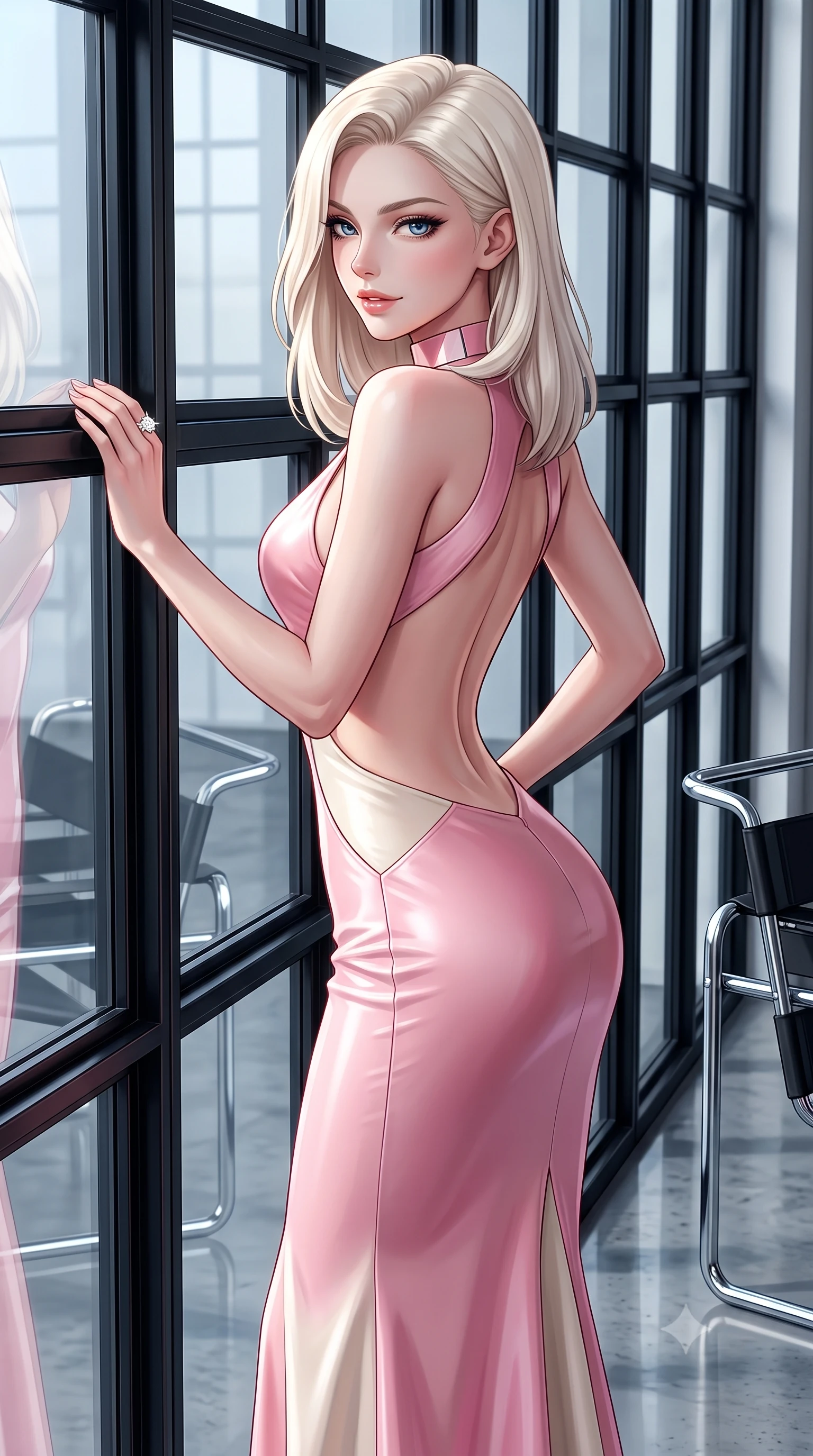 score_9, masterpiece, best quality, ultra-detailed, high-budget anime keyframe, semi-realistic 3D game render, editorial fashion photography, tasteful artistic composition, Caucasian woman. close-up cowboy shot from the waist and thighs up, the character dominates the composition, filling the frame with her large presence. turning over a bare shoulder with an intoxicating, teasing smile, her soft hair framing her sharp jawline as her hips angle gracefully while leaning against a monumental black steel-framed warehouse window, arching her lower back with high-fashion sovereign poise as cool Berlin daylight washes over her curves. The surrounding environment is rendered in vivid detail and crisp panoramic clarity. sharp black steel window frame mullions, polished concrete floor reflections, and chrome tubular furniture joints in deep focus. She has an exceptionally elegant, slender, and willowy female figure with an ultra-slim waist, flat toned midriff, narrow ribcage, and sculpted feminine hips creating an alluring, slim hourglass silhouette without bulk. sharp v-shaped jawline, high-bridge nose, intricate jewel-like eyes with depth, thick eyelashes, glossy parted lips with a natural sheen, intensely captivating and seductive bedroom-eyes expression, flawlessly proportioned anatomical accuracy, strict slender model proportions, natural body alignment, perfectly sculpted long slender limbs, ultra-slim waistline, clean dynamic posture without body distortion. wearing a sculptured liquid-satin mermaid gown with an architectural open-waist cutout and bare spine in sakura blossom pink and warm ivory, formed from supple second-skin lambskin leather with specular sheen, complemented by a bold geometric choker and sparkling cocktail ring, the precision-cut side openings and low-back scoop framing her graceful spine and the sensual sweep of her slim, toned hips. illuminated by subtle architectural spotlighting sharply defining her sculpted cheekbones, ultra-slim waist, and curvy hips. highly saturated vibrant anime colors, detailed shading with soft gradients, rich glossy textures, high-contrast stereoscopic depth, volumetric dynamic lighting, master piece, 9:16 ratio