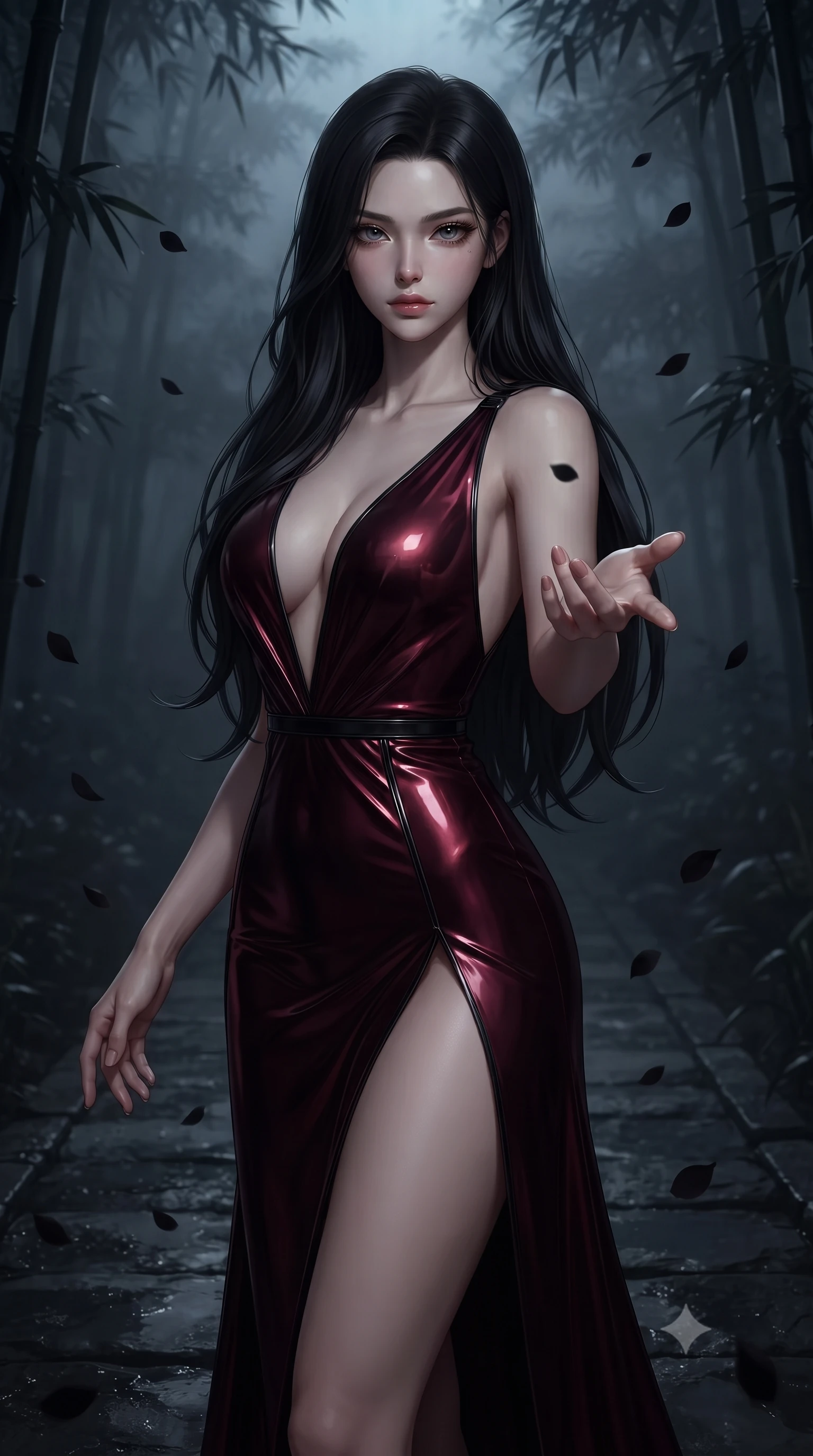 score_9, masterpiece, best quality, ultra-detailed, high-budget anime keyframe, editorial fashion photography, tasteful artistic composition, Korean woman. close-up cowboy shot from the waist and thighs up, the character dominates the composition, filling the frame with her large presence, background elements kept in soft focus. Reaching one hand toward the viewer with relaxed dark elegance, poised on a dark wet stone pathway under falling black sakura petals, shadowy bamboo stalks framing the dark path in soft focus. She has an exceptionally elegant, slender, and willowy female figure with an ultra-slim waist, a gracefully sculpted slender torso, and a refined silhouette. sharp v-shaped jawline, high-bridge nose, intricate jewel-like eyes with depth, thick eyelashes, glossy lips with a natural sheen. wearing deep plunging V-neckline midnight gown with daring high thigh slit in deep crimson burgundy, made of sculpted obsidian metallic chrome, adorned with minimalist black onyx hardware framing the silhouette, contouring every curve with an exceptionally elegant silhouette. lit by dim golden key light piercing through heavy midnight fog. ultra-reflective glossy finish, specular highlights, metallic sheen, high-contrast stereoscopic depth, volumetric dynamic lighting, 2k, ultra detail, master piece, 9:16 ratio