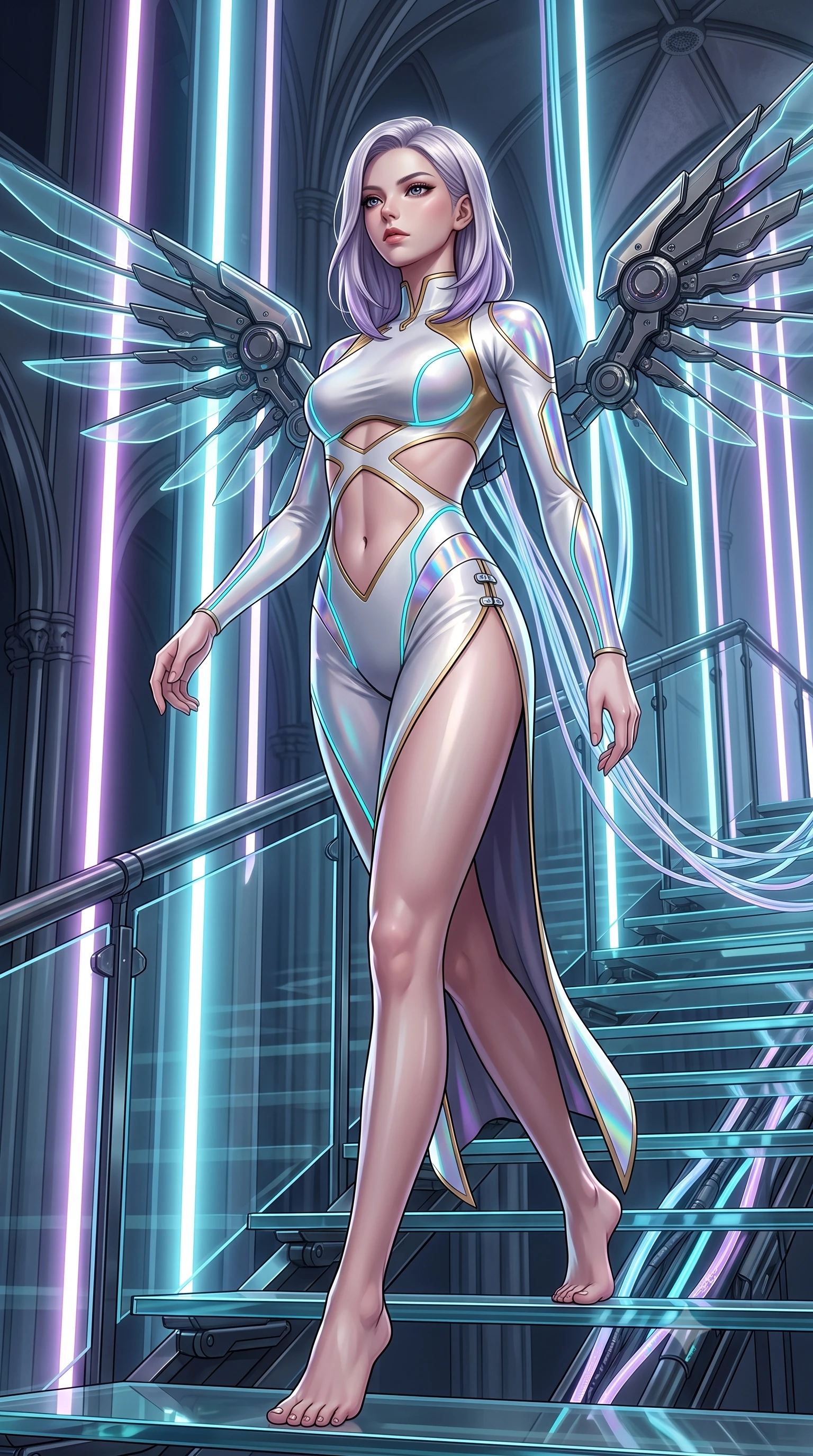 score_9, masterpiece, best quality, ultra-detailed, high-budget anime keyframe, editorial fashion photography, tasteful artistic composition, Caucasian woman. low angle full-body shot from head to toe showing her feet, filling the entire 9:16 vertical frame with her statuesque presence, stretching her vertical silhouette. striding forward with commanding supermodel grace, her 8.5-heads statuesque silhouette dominating the vertical frame from head to toe while ascending a suspended glass stairway illuminated by vertical neon light shafts with divine cybernetic majesty. The surrounding environment is rendered in vivid detail and crisp panoramic clarity. crisp mechanical wing joints, glowing fiber-optic cable conduits, and cathedral vault geometry in high resolution. She has an absolutely perfect, statuesque 8.5-heads proportion, an exceptionally tall and slender model-like female figure with impossibly long slender legs, a toned flat midriff, and an ultra-slim waist. sharp v-shaped jawline, high-bridge nose, intricate jewel-like eyes with depth, thick eyelashes, glossy lips with a natural sheen, flawlessly proportioned anatomical accuracy, strict slender model proportions, natural body alignment, perfectly sculpted long slender limbs, ultra-slim waistline, clean dynamic posture without body distortion. wearing a second-skin white-and-gold high-fashion tech-bodysuit with diagonal midriff cutouts and glowing cyan fiber seams in iridescent holographic chrome with prism violet highlights, made of liquid jersey fabric that clings flawlessly to every contour of her build, finished with an ultra-high side slit secured by miniature magnetic clasps, the glove-like aerodynamic second-skin fit tightly clinging to her ultra-slender waist and athletic curves without adding bulk, accentuating her razor-sharp statuesque lines and slim hourglass silhouette. illuminated by crisp white key light and sharp specular rim highlights tracing her slender curves. ultra-reflective glossy finish, specular highlights, dark metallic sheen, high-contrast stereoscopic depth, volumetric dynamic lighting, 2k, ultra detail, master piece, 9:16 ratio