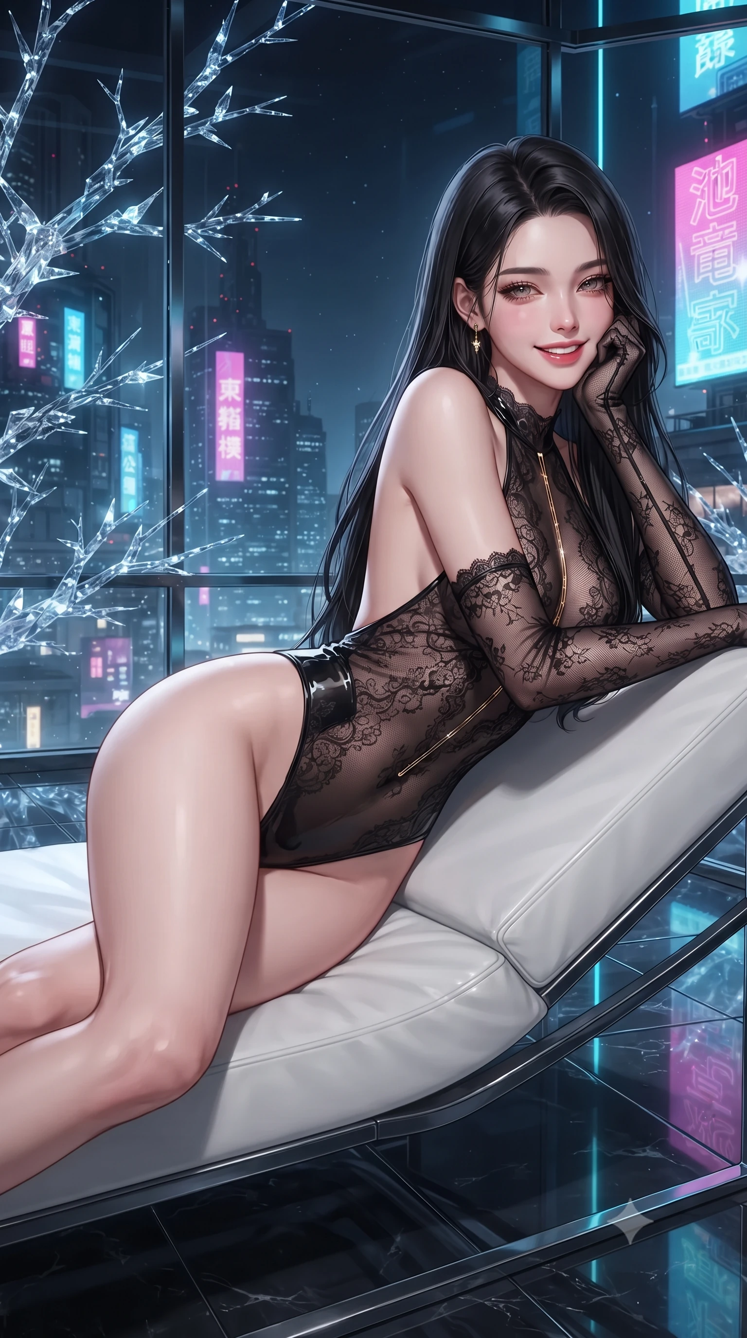 score_9, masterpiece, best quality, ultra-detailed, high-budget anime keyframe, editorial fashion photography, tasteful artistic composition, Korean woman. close-up cowboy shot from the waist and thighs up, the character dominates the composition, filling the frame with her large presence. resting one elbow on the table and supporting her chin, leaning close to the camera with heavy-lidded sparkling eyes and parted lips while lounging gracefully across the minimalist white lacquer chaise propped on one elbow with legs extended, displaying her long slender limbs and statuesque hourglass silhouette against the cyberpunk horizon. The surrounding environment is rendered in vivid detail and crisp panoramic clarity: sharp nano-glass floor reflections, intricate crystalline branch lattices, and streaming neon Kanji holographic billboards through panoramic glass in deep focus. She has an exceptionally elegant, slender, and willowy female figure with an ultra-slim waist, flat toned midriff, narrow ribcage, and sculpted feminine hips creating an alluring, slim hourglass silhouette without bulk. sharp v-shaped jawline, high-bridge nose, intricate jewel-like sparkling eyes with depth, thick eyelashes, glossy parted lips with a natural peach sheen, bright cheerful beaming smile with an enchanting and coquettish sensual glint, exuding both youthful cute charm and seductive allure, flawlessly proportioned anatomical accuracy, strict slender model proportions, natural body alignment, perfectly sculpted long slender limbs, ultra-slim waistline, clean dynamic posture without body distortion. wearing an alluring backless sheer lace leotard with high-cut leg openings and delicate fiber-optic embroidery framing her spine in singularity accretion gold and deep space void black, tailored from high-gloss patent leather with mirror-like specular highlights, complemented by sheer opera-length evening gloves tracing her slender arms, the liquid-tight tailored fabric clinging flawlessly to her narrow waist and rounded feminine hips, emphasizing every millimeter of her sculpted slim hourglass curves without any bulky heaviness. illuminated by floor pool reflection bounce and sharp laser-cyan rim lights sculpting her razor-sharp jawline, narrow waist, and curvy hips. ultra-reflective glossy finish, specular highlights, rich textural contrasts, high-contrast stereoscopic depth, volumetric dynamic lighting, 2k, ultra detail, master piece, 9:16 ratio