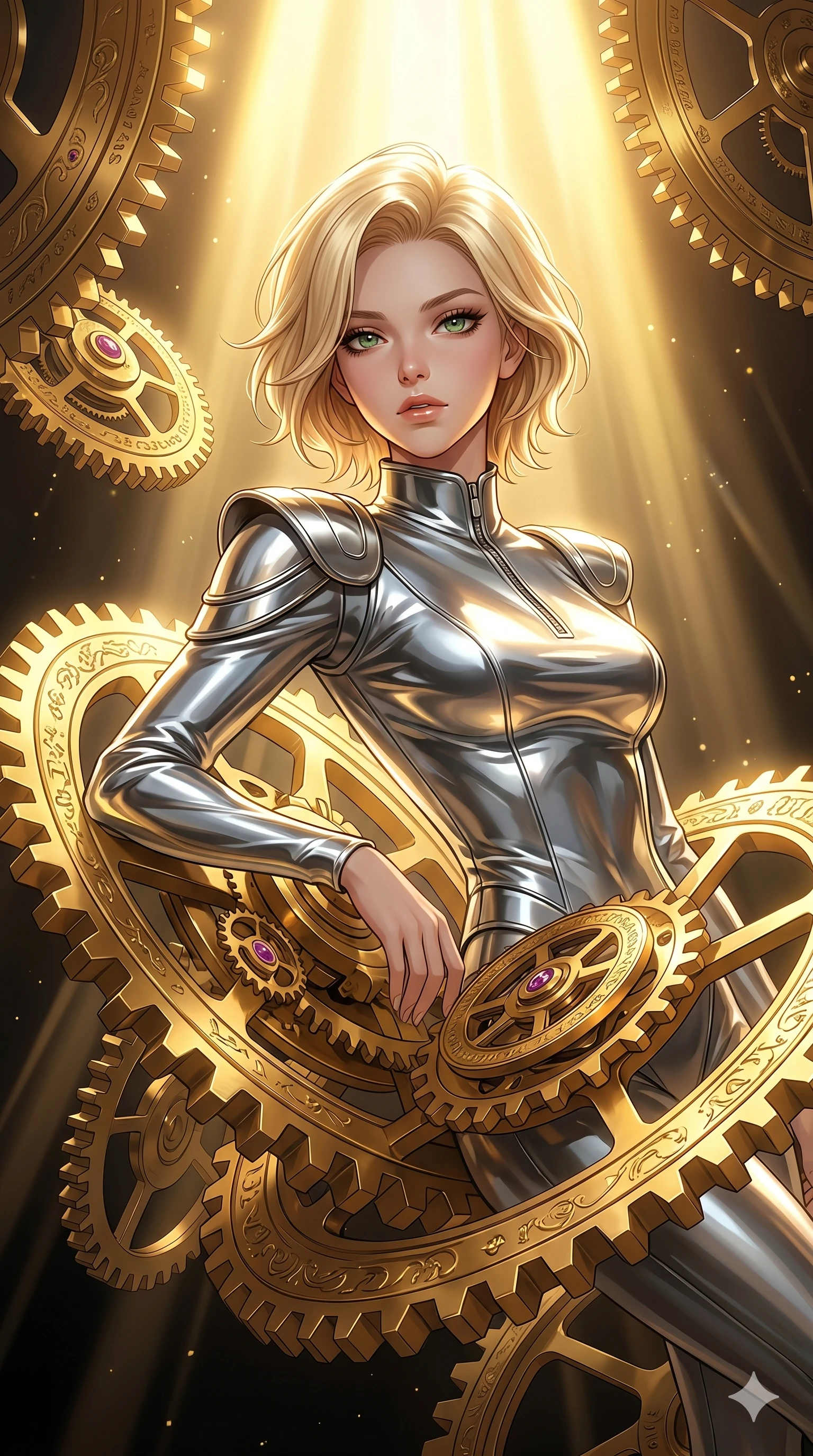 score_9, masterpiece, best quality, ultra-detailed, high-budget anime keyframe, editorial fashion photography, tasteful artistic composition, Caucasian woman, strictly human ears. Upper body close-up from the thighs up, character filling the screen for maximum presence. She is intertwined with massive floating gold gears and clockwork mechanisms suspended in a void. She leans back gracefully, looking at the camera with a dreamy, captivating gaze. She has an absolutely perfect 8-heads proportion, a tall and elegant figure with a refined silhouette and a defined waistline. V-shaped jawline, high-bridge nose, intricate jewel-like eyes with depth, thick eyelashes, glossy lips with a natural sheen. She is wearing a sleek tailored top in liquid-chrome finish that complements her silhouette, styled with sophisticated architectural shoulder accents and a modern zip collar. The scene is illuminated by warm, blindingly bright golden spotlights and sharp volumetric light rays. 2k, ultra detail, master piece, 9:16 ratio