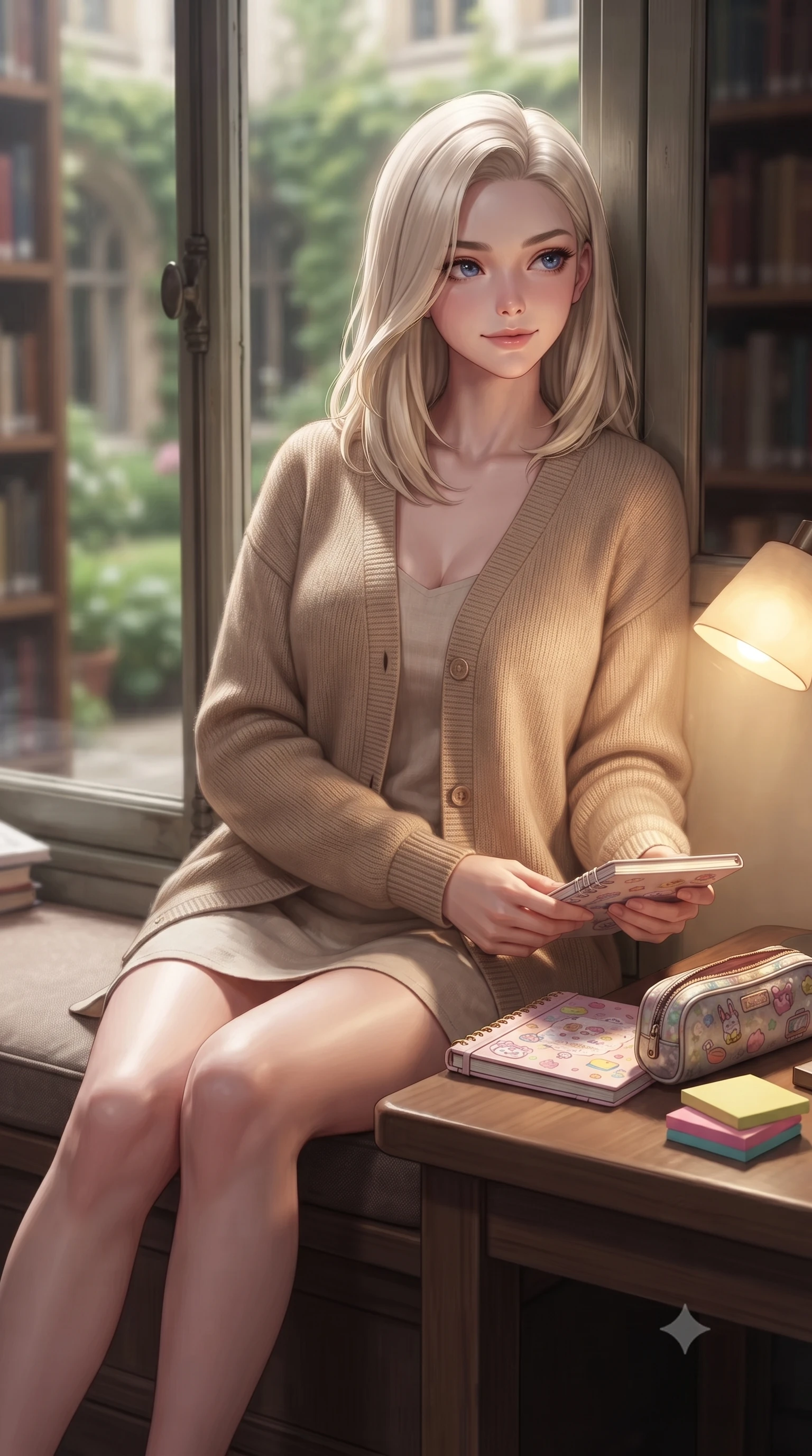 score_9, masterpiece, best quality, ultra-detailed, high-budget anime keyframe, editorial fashion photography, tasteful artistic composition, Caucasian woman. close-up cowboy shot from the waist and thighs up, the character dominates the composition, filling the frame with her large presence, background elements kept in soft focus. gazing past the camera with an alluring, daydreaming expression and a sweet half-smile set against a soft-focus background of sitting on a window bench of a quiet library overlooking a green courtyard with a cute notebook, a pencil case, and colorful sticky notes on the table. She has an exceptionally elegant, slender, and willowy female figure with an ultra-slim waist, a gracefully sculpted slender torso, and a refined silhouette. sharp v-shaped jawline, high-bridge nose, intricate jewel-like eyes with depth, thick eyelashes, glossy lips with a natural sheen. wearing form-contouring cozy knit cardigan in beige, layered over a casual linen dress. soft reading lamp light casting a warm, concentrated golden glow on her book. ultra-reflective glossy finish, specular highlights, metallic sheen, high-contrast stereoscopic depth, volumetric dynamic lighting, 2k, ultra detail, master piece, 9:16 ratio