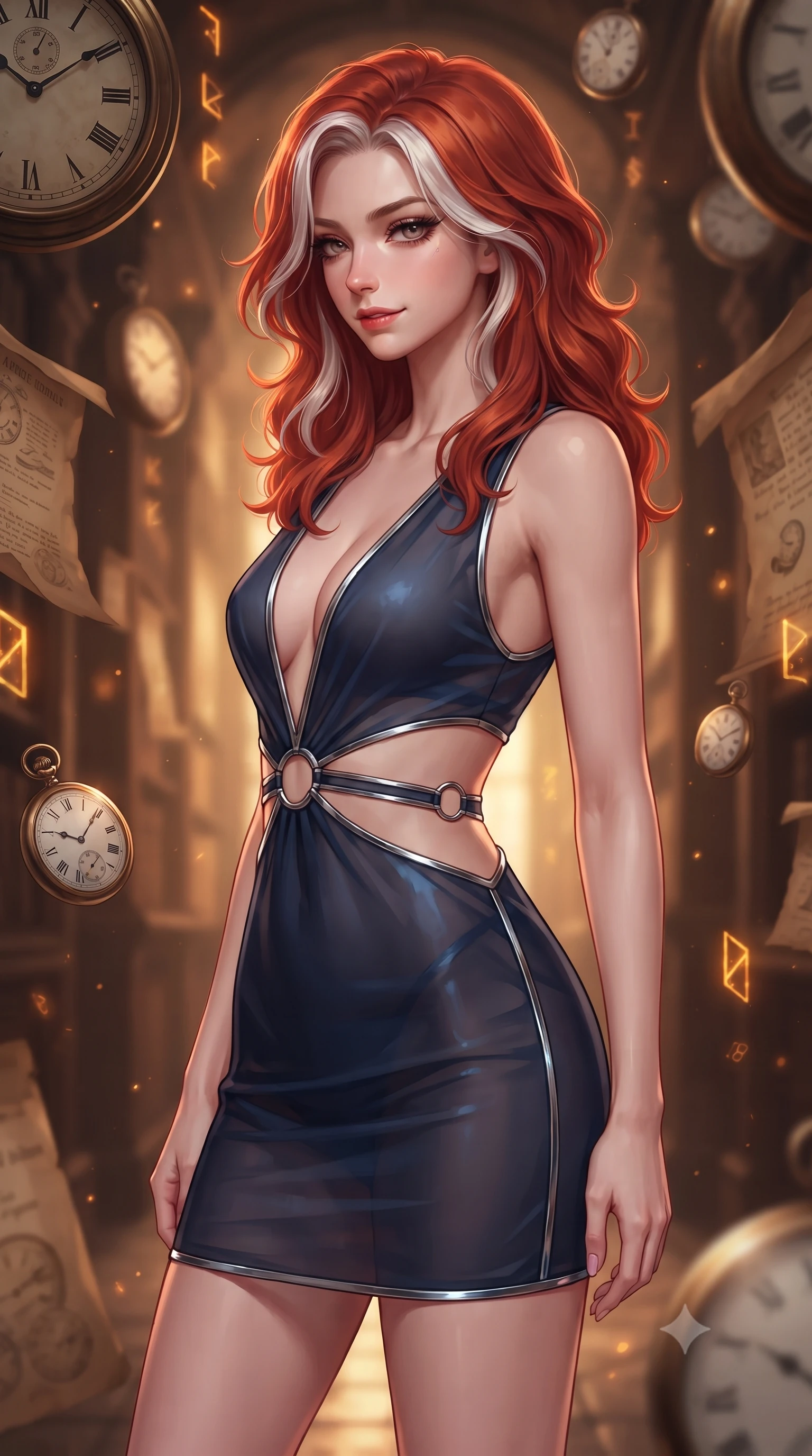 score_9, masterpiece, best quality, ultra-detailed, high-budget anime keyframe, editorial fashion photography, tasteful artistic composition, Caucasian woman. close-up cowboy shot from the waist and thighs up, the character dominates the composition, filling the frame with her large presence, background elements kept in soft focus. Glancing sidelong over her shoulder with a smoldering half-smile and heavy lashes standing in a corridor where antique clock dials and historical parchments float in amber light, suspended paper documents and pocket watches frozen mid-air in amber resin light. She has an exceptionally elegant, slender, and willowy female figure with an ultra-slim waist, a gracefully sculpted slender torso, and a refined silhouette. sharp v-shaped jawline, high-bridge nose, intricate jewel-like eyes with depth, thick eyelashes, glossy lips with a natural sheen. wearing a liquid mercury gloss mini dress with ultra-deep V-neck and waist cutouts in midnight navy blue and chrome trim, woven from fine semi-opaque sheer organza, accented with delicate chrome ring hardware framing her waist, the sleek second-skin texture accentuating her magnetic presence. illuminated by glowing time runes and soft bronze specular highlights. highly saturated vibrant anime colors, detailed shading with soft gradients, rich glossy textures, high-contrast stereoscopic depth, volumetric dynamic lighting, master piece, 9:16 ratio