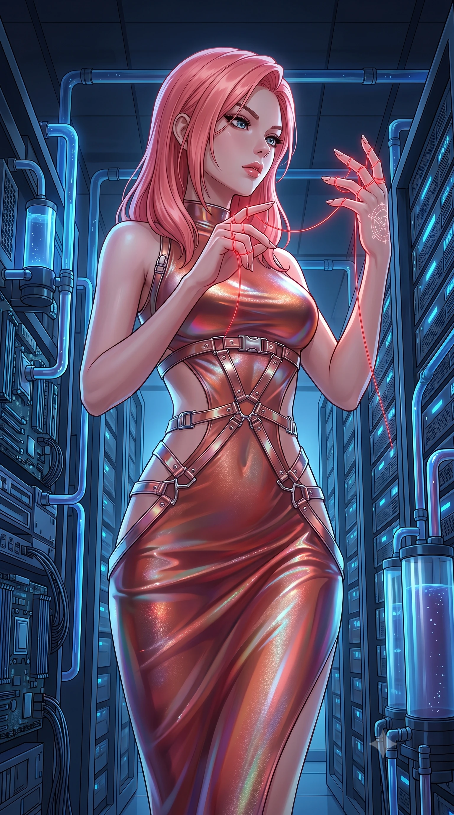 score_9, masterpiece, best quality, ultra-detailed, High-budget Anime Keyframe, East Asian woman. Low angle cowboy shot filling the entire 9:16 frame with her statuesque presence. Scenario 368: tracing a glowing red thread of fate with her fingers in a high-tech laboratory with rows of water-cooled server racks. Her presence is magnetic and overpowering in this high-budget anime scene. Outfit 368: a body-hugging shimmering chiffon liquid with a strategic side cut-outs and metallic buckles. The clothing is designed to emphasize her exceptionally tall and slender 8-heads proportion. 8-heads proportion, towering silhouette, ultra-slim waist. sharp v-shaped jawline, intricate jewel-like eyes with depth, thick eyelashes, glossy lips. 2k, ultra detail, master piece, 9:16 ratio