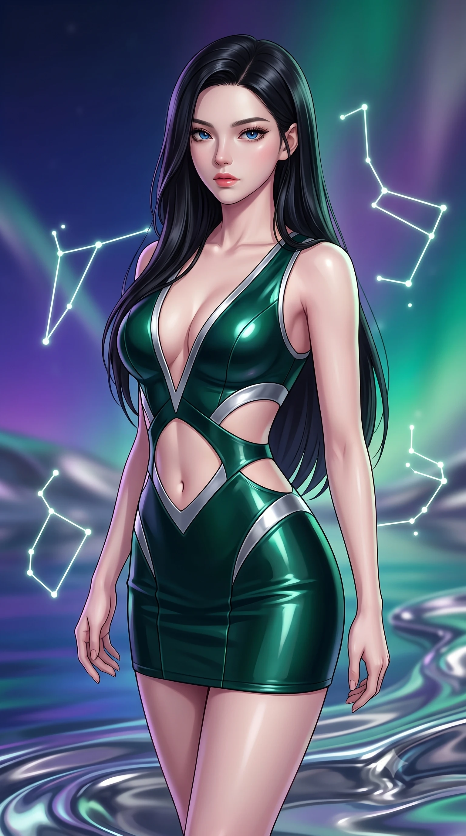 score_9, masterpiece, best quality, ultra-detailed, high-budget anime keyframe, editorial fashion photography, tasteful artistic composition, Korean woman. close-up cowboy shot from the waist and thighs up, the character dominates the composition, filling the frame with her large presence, background elements kept in soft focus. Gazing past the lens with composed intensity as her torso curves dynamically in mid-motion while pivoting her torso in an S-curve alignment on a reflective liquid mercury reef, glowing neon constellation lines floating in the air with vintage elegancy. She has an exceptionally elegant, slender, and willowy female figure with an ultra-slim waist, a gracefully sculpted slender torso, and a refined silhouette. sharp v-shaped jawline, high-bridge nose, intricate jewel-like eyes with depth, thick eyelashes, glossy lips with a natural sheen, flawlessly proportioned anatomical accuracy, natural body alignment, perfectly sculpted elegant limbs, clean dynamic posture without body distortion. wearing a liquid mercury gloss mini dress with ultra-deep V-neck and waist cutouts in deep emerald green and silver accent, formed from sleek second-skin neoprene, featuring subtle geometric cutouts that highlight her ultra-slim midriff, the form-contouring material highlighting her ultra-slim waist and long lines. surrounded by a dreamlike vaporwave ambiance with smooth gradients. highly saturated vibrant anime colors, detailed shading with soft gradients, rich glossy textures, high-contrast stereoscopic depth, volumetric dynamic lighting, master piece, 9:16 ratio