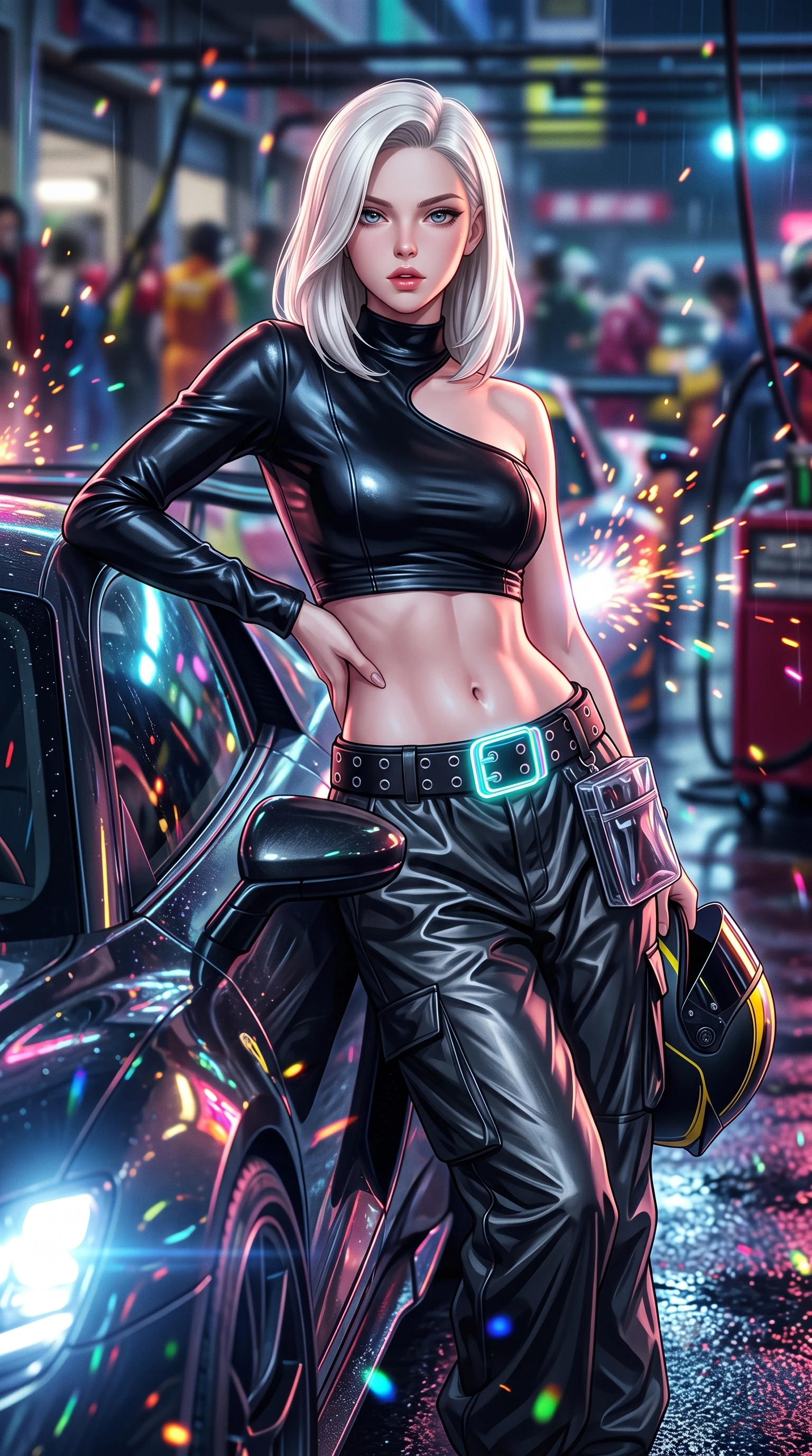 score_9, masterpiece, best quality, ultra-detailed, high-budget anime keyframe, semi-realistic 3D game render, editorial fashion photography, tasteful artistic composition, Caucasian woman. close-up cowboy shot from the waist and thighs up, the character dominates the composition, filling the frame with her large presence. arching her spine in an alluring serpentine S-curve, one hand resting on her waist with parted glossy lips and an intensely magnetic gaze while leaning deep against the driver's side door with hips cocked, helmet resting against her hip, smoldering gaze locking onto the lens. The composition keeps background elements in soft focus with creamy bokeh. rain-slicked asphalt reflections and turbo exhaust sparks scattering vivid chromatic light motes. She has an exceptionally elegant, slender, and willowy female figure with an ultra-slim waist, a gracefully sculpted slender torso, toned flat midriff, and a refined slim silhouette. sharp v-shaped jawline, high-bridge nose, intricate jewel-like eyes with depth, thick eyelashes, glossy parted lips with a natural sheen, intensely captivating and seductive expression, flawlessly proportioned anatomical accuracy, strict slender model proportions, natural body alignment, perfectly sculpted long slender limbs, ultra-slim waistline, clean dynamic posture without body distortion. wearing an asymmetric single-sleeve moto crop top paired with baggy metallic parachute trousers and grommet belt in high-gloss asphalt black and hazard neon yellow, tailored from supple second-skin lambskin leather adhering to her curves, complemented by a neon LED belt buckle and translucent vinyl tool pouch, the athletic second-skin cut highlighting her toned flat midriff and slender model proportions during dynamic action. bathed in high-intensity xenon hypercar headlights and neon pitlane floodlights. highly saturated vibrant anime colors, detailed shading with soft gradients, rich glossy textures, high-contrast stereoscopic depth, volumetric dynamic lighting, master piece, 9:16 ratio